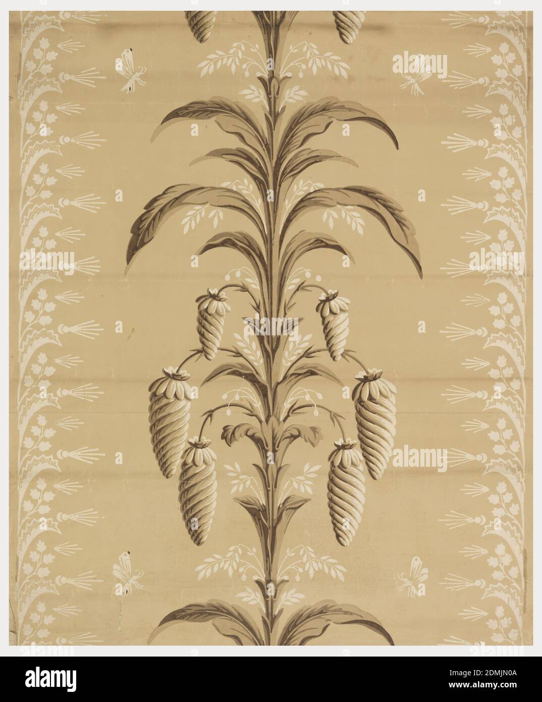 Seitenwand, Blockdruck, Taupe-Boden, stilisierte Pflanze mit ungewöhnlichen Samenanhänger, in creme und braun bedruckt., möglicherweise Frankreich, 1810–20, Wandbeläge, Sidewall Stockfoto