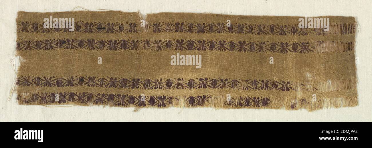 Fragment, Medium: Kettstoff; S-gesponnene Wäsche. Schussstoffe; S-gesponnene Wäsche, S-gesponnene Wolle. Technik: Leicht verkrümmtes Leinwandgewebe (24/cm x 20/cm) und Spaltteppich. Einfarbiges, dunkelviolettes Wollmuster auf ungefärbtem Leinengrund. Wahrscheinlich war es ein Ärmelband. Zwei Paar florale Reihen. Eine Seite behält einen Teil der Selvedge bei. Das Tapisserie-Gebiet hat 2+2 Warp-Gruppierungen mit sich kreuzenden Warps., Ägypten, 300–600, gewebte Textilien, Fragment Stockfoto