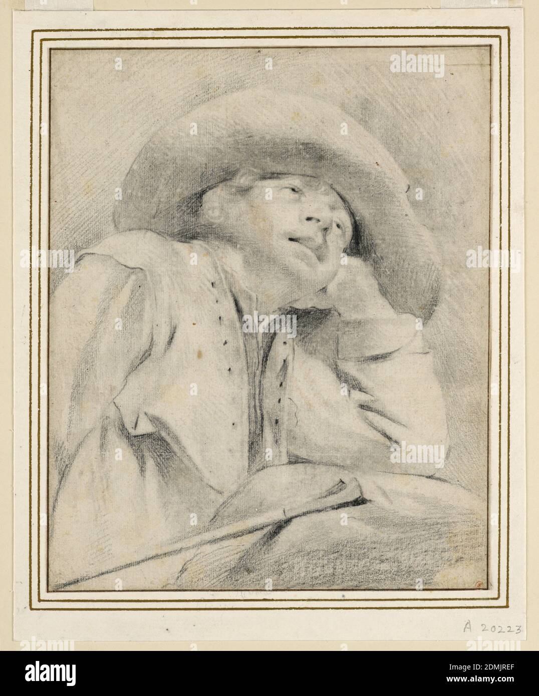 Ein Shepherd Boy, schwarze Kreide auf weißem Papier, EIN Junge, der einen breitkrempigen Hut trägt, ist halblang dargestellt, halb rechts gedreht. Er stützt seinen Ellbogen auf einen Felsen, den Kopf lehnt er an seine linke Hand und blickt nach oben. Neben ihm ist sein Stab., Niederlande, ca. 1650, Figuren, Zeichnung Stockfoto