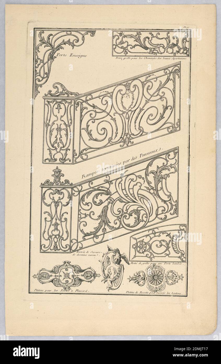 Verschiedene Entwürfe für Dekorative Metallarbeiten, Frankreich, ca. 1730, Drucken Stockfoto