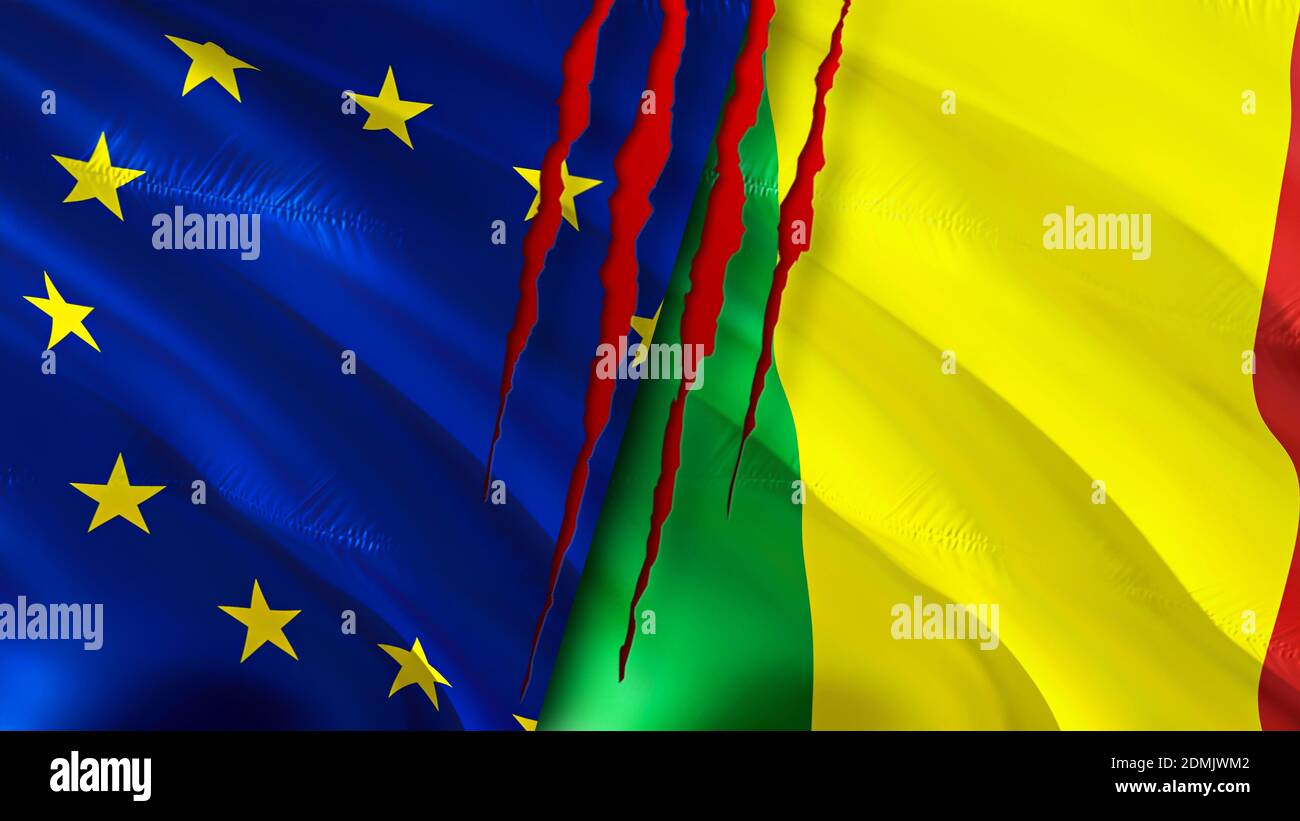 Flaggen der Europäischen Union und Mali mit Narbenkonzept. Winkende Flagge, 3D-Rendering. Konfliktkonzept der Europäischen Union und Malis. Beziehungen zwischen der Europäischen Union und Mali Stockfoto
