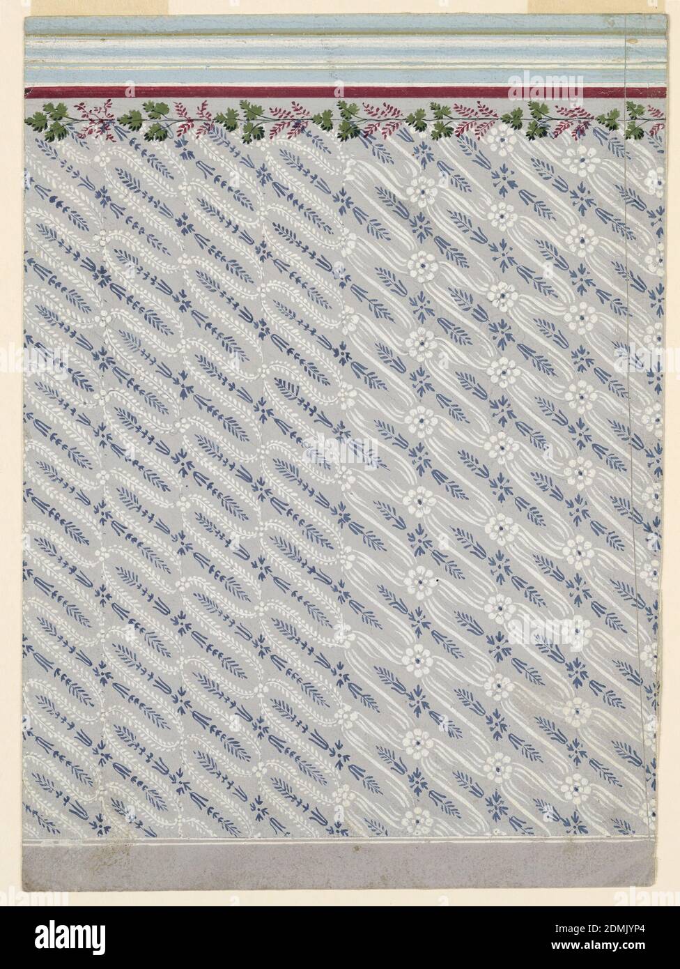 Tapete Design, Pinsel und Gouache, Graphit auf weißem Papier, die graue Tafel ist mit vertikalen Reihen von aufsteigenden Wellen verziert, die horizontal durch Blütenblätter verbunden sind. Die Wellen bestehen aus Blattästen, und die Blütenblätter sind links klein, von einem unbestimmten Material, aber von großen Blütenblättern rechts. Rosetten zwischen den Ästen, von verschiedenen Designs links und rechts, schmücken die schrägen, spitz zulaufenden Eierstöcke. Oben liegt ein Stiel mit abwechselnd roten und weinblättrig-roten Paaren, dessen oberer Teil auf grauem Grund abgebildet ist., Österreich, 1840–60, Tapetenentwürfe, Zeichnung Stockfoto