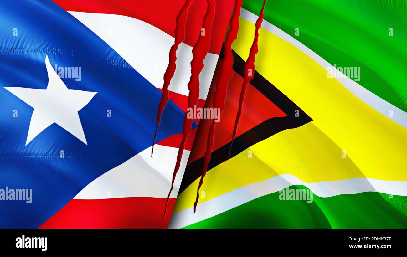 Puerto Rico und Guyana Flaggen mit Narbenkonzept. Winkende Flagge, 3D-Rendering. Konflikt zwischen Puerto Rico und Guyana. Puerto Rico Guyana Beziehungen concep Stockfoto