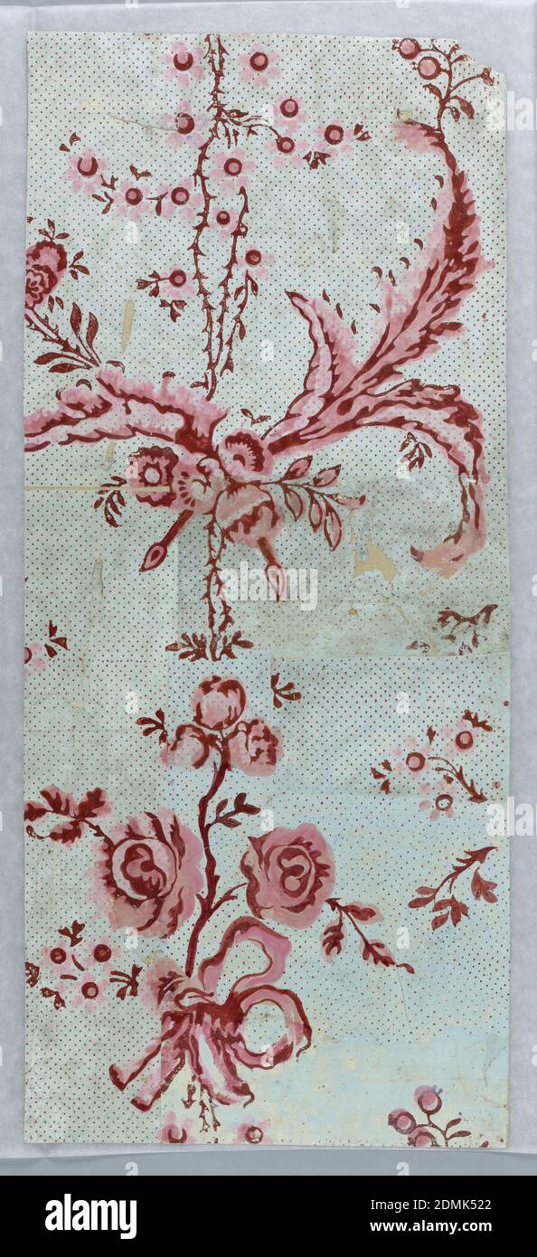 Sidewall, Block-printed, handmade paper, Vertical rectangle. Field dotted in diagonal rows. Design of bunches of roses, tied with ribbons, with framework of long stems and scrolls of foliage., France, 1770–80, Wallcoverings, Sidewall Stockfoto