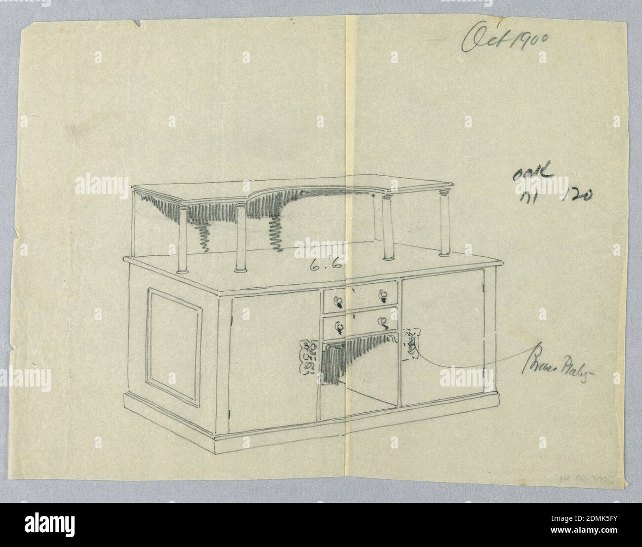 Design für massive Eiche Sideboard, A.N. Davenport Co., Graphit auf cremefarbenem Tastung Papier, massive rechteckige Sideboard auf niedriger Plattform; Nische mit 2 Schubladen in der Mitte vorne wird von 2 Schubladen mit rechteckigen Wandeckern verziert flankiert; längliche obere Regal mit konkaven Ausschnitt in der Mitte vorne unterstützt durch erhöhte backsplash und 4 Spalten., Oktober 1900, Möbel, Zeichnung Stockfoto