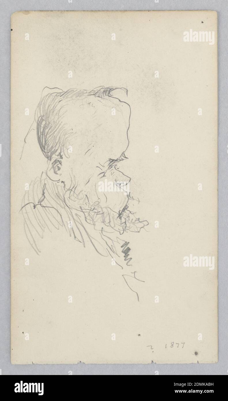 Karikatur, Robert Frederick Blum, Amerikaner, 1857–1903, Graphit auf Wove-Papier, EIN Kopf eines Mannes im Profil nach rechts gedreht. Verso: Der Pantoffel wird zweimal von leicht unterschiedlichen Engeln gezeigt., USA, 1877, Porträts, Zeichnung Stockfoto