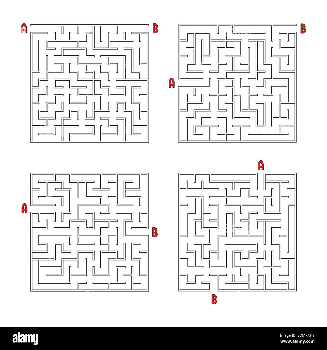 Ein Satz quadratischer Labyrinthe. Spiel für Kinder. Puzzle für Kinder. Labyrinth-Rätsel. Flache Vektorgrafiken isoliert auf weißem Hintergrund. Stock Vektor