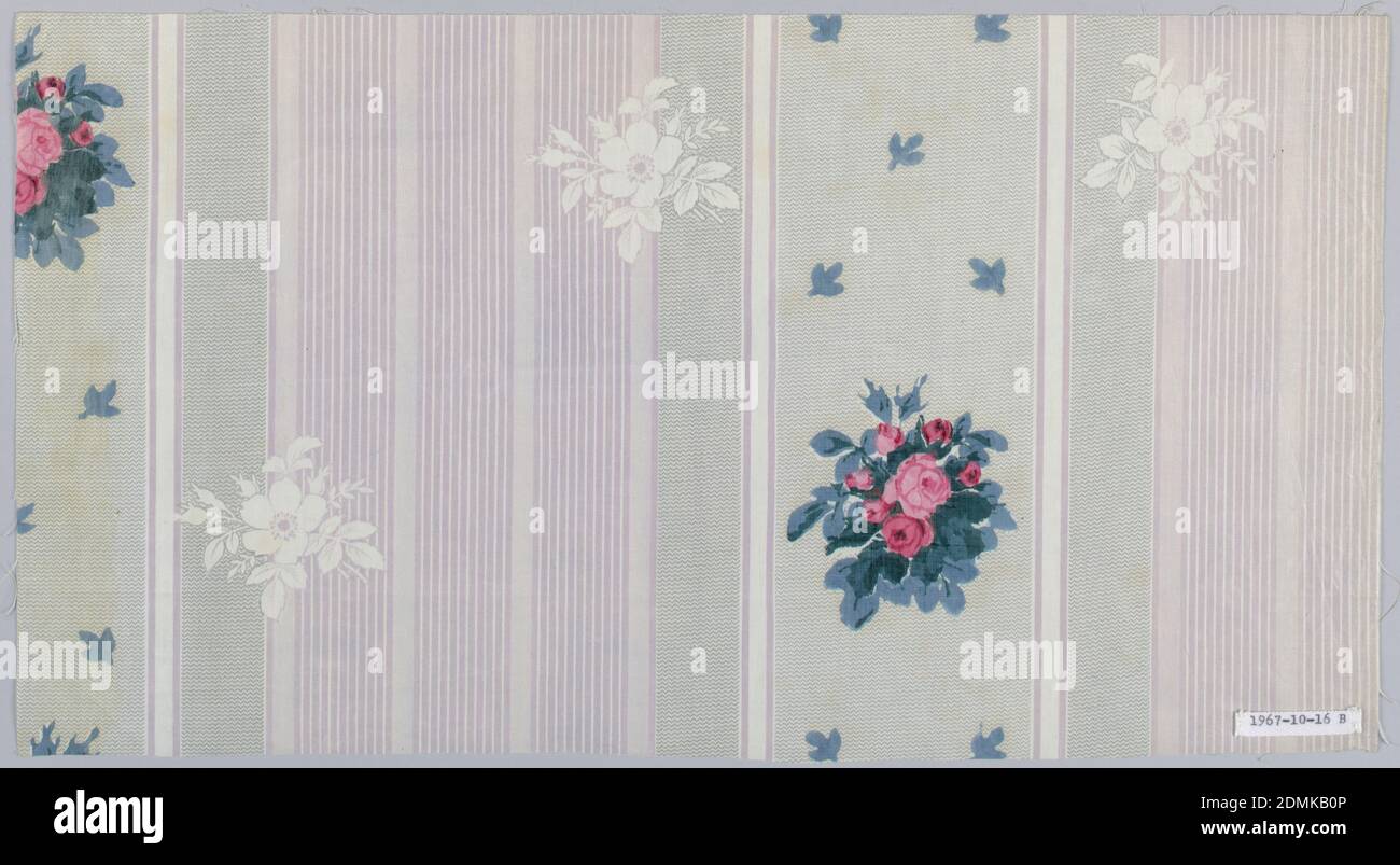 Textil, Schwartz-Huguenin, Medium: Baumwolle Technik: Bedruckt mit gravierter Walze auf Leinwandbindung, A) Molette geschliffen in breitem grauem Streifen und rosa Streifen in Gruppen; überdruckt mit kleinen Rosengruppen., B) Muster wie A mit gruppierten braunen Streifen., 1851–63, bedruckte, gefärbte & bemalte Textilien, Textil Stockfoto