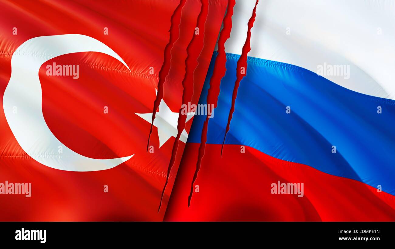 Türkei und Russland Flaggen mit Narbe Konzept. Winkende Flagge, 3D-Rendering. Konfliktkonzept Türkei und Russland. Türkei Russland Beziehungen Konzept. Flagge der Türke Stockfoto