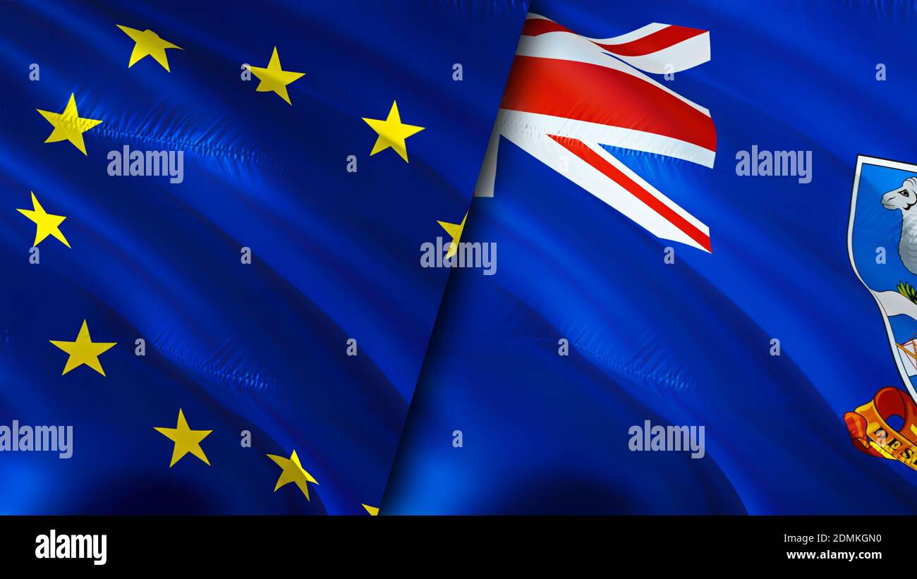 Flaggen der Europäischen Union und der Falklandinseln. 3D-Design mit wehenden Fahnen. Europäische Union Falklandinseln Flagge, Bild, Tapete. Europäische Union gegen Falkland Stockfoto