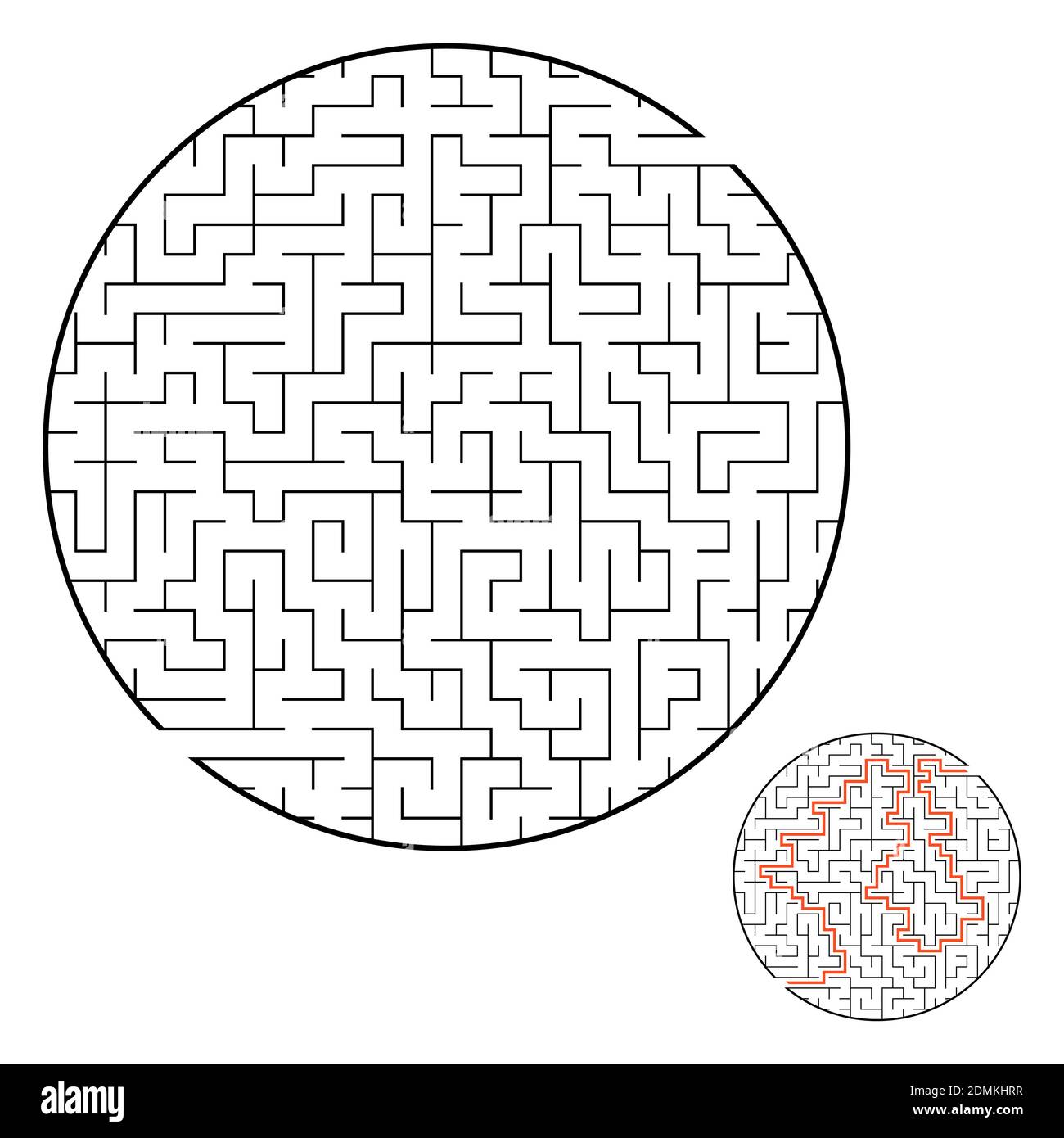 Schwieriges rundes Labyrinth. Spiel für Kinder. Puzzle für Kinder. Ein Eingang, ein Ausgang. Labyrinth-Rätsel. Flache Vektorgrafik isoliert auf Weiß Stock Vektor