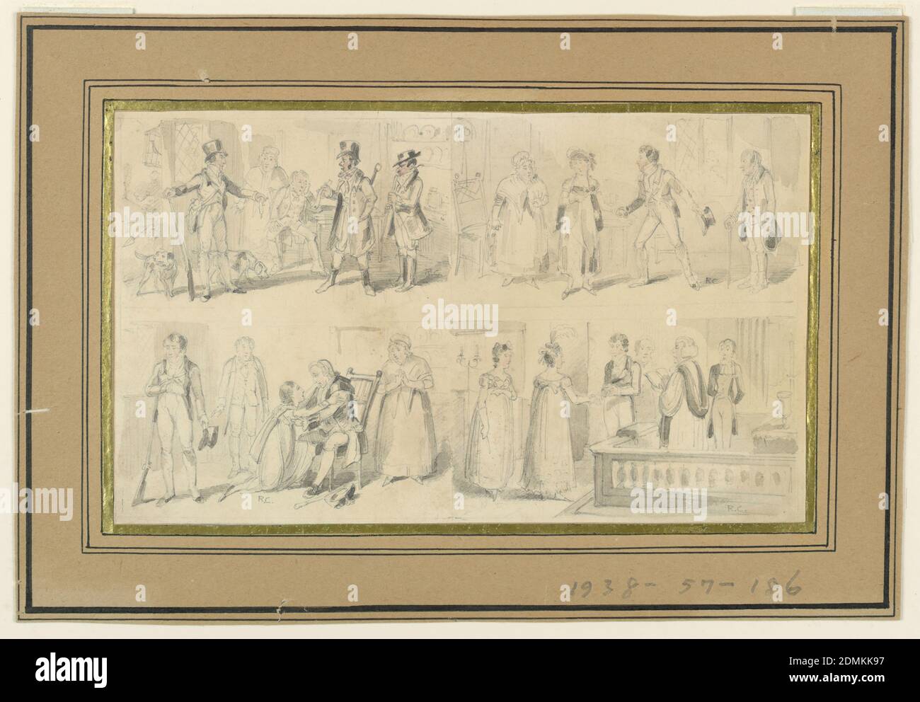 Heiratsvertrag; Vorschlag; Freistellung; Heirat, Robert Cruikshank, 1789 - 1856, Pinsel und Grauwäsche, Graphit auf Papier, England, 1815–20, Zeichnung Stockfoto