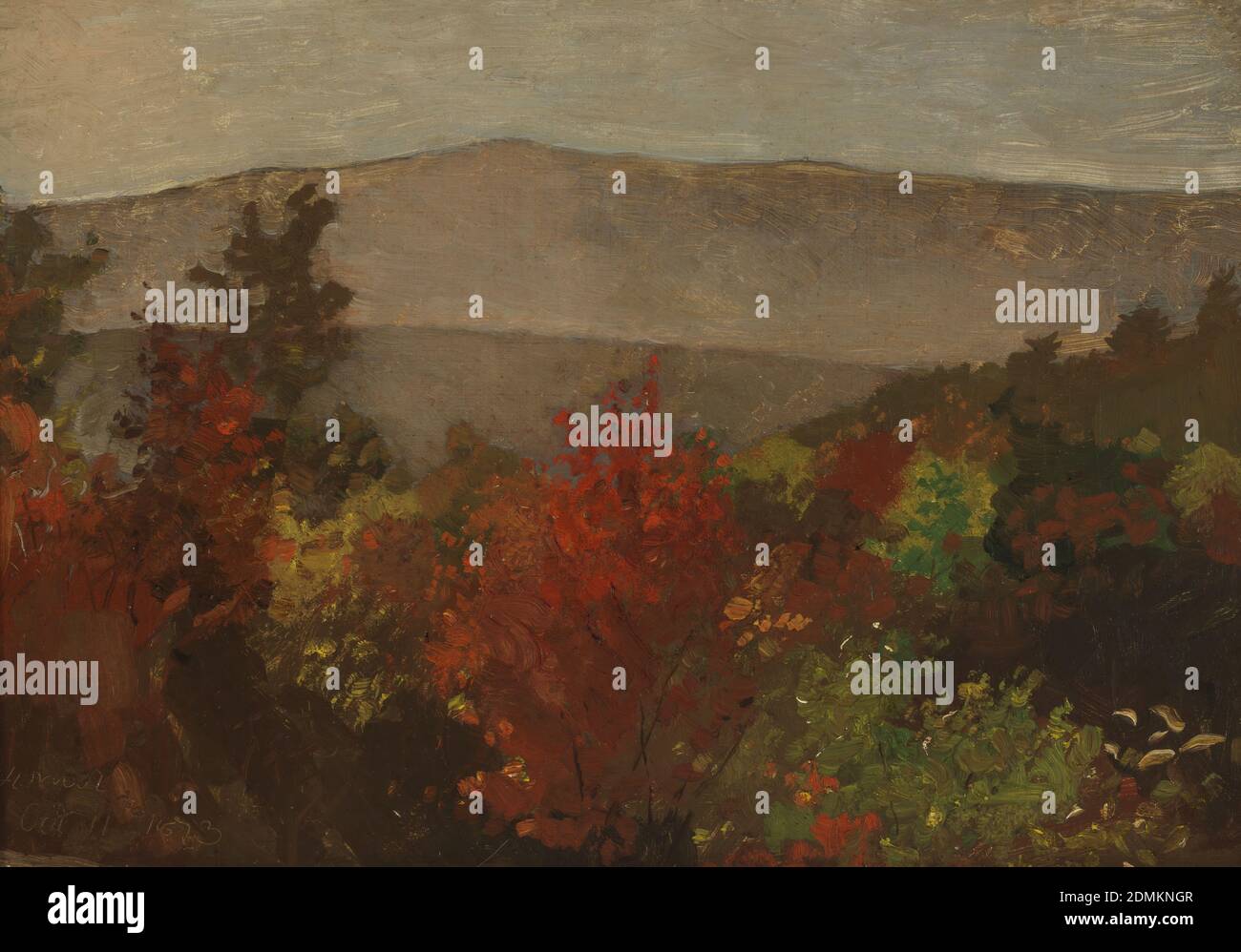 Herbsttreetops, Winslow Homer, Amerikaner, 1836–1910, Pinsel- und Ölfarbe auf Leinwand, Ansicht mit Baumkronen im Vordergrund, einige im Herbstlaub, mit einer Reihe von gräulichen Hügeln jenseits eines Tals und Zwischenhügels., USA, 11. Oktober 1873, Landschaften, Malerei, Malerei Stockfoto