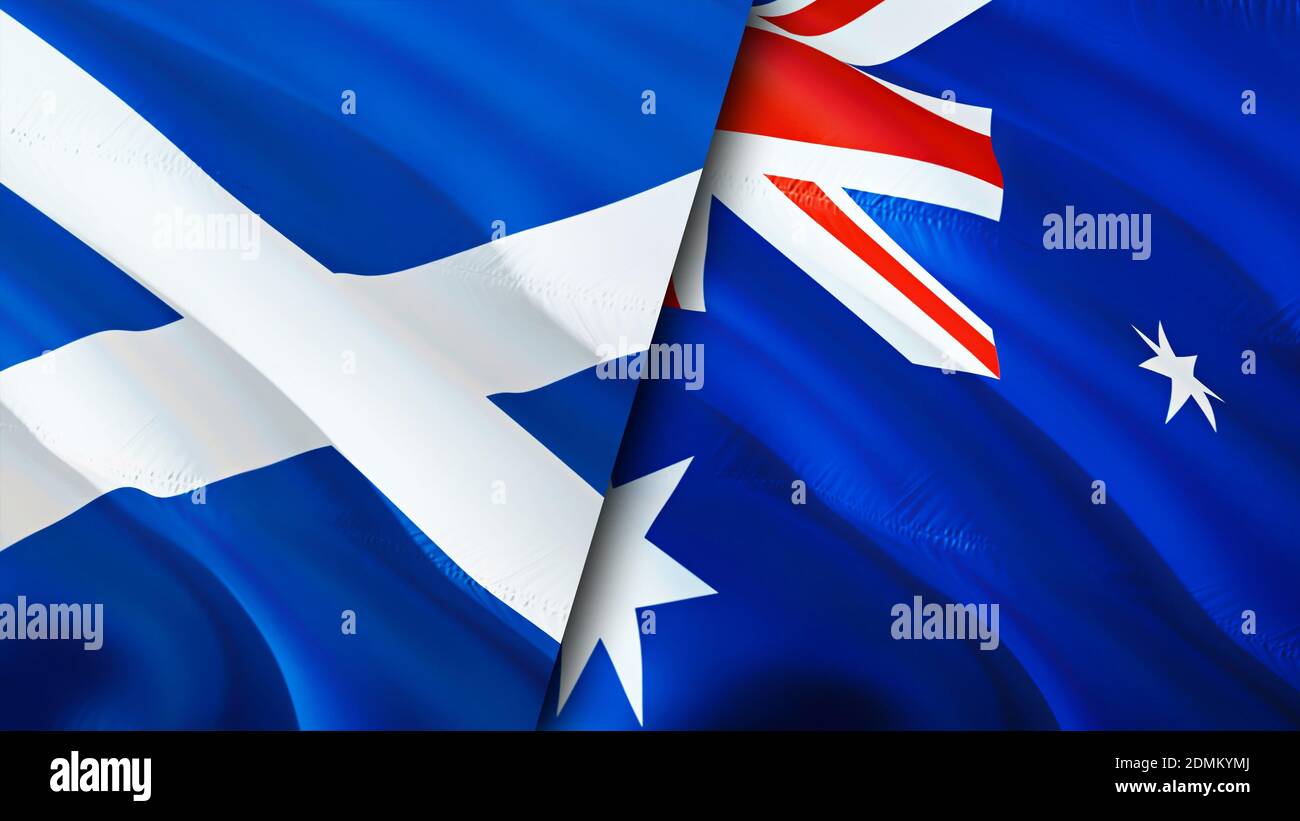 Schottland und Australien Flaggen. 3D-Design mit wehenden Fahnen. Schottland Australien Flagge, Bild, Tapete. Bild Schottland vs. Australien, 3D-Rendering. Schottland A Stockfoto