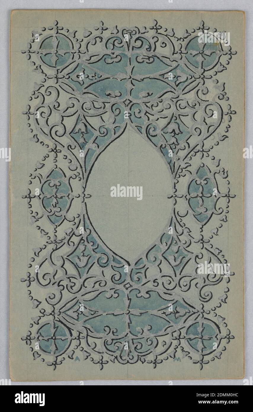 Design for a Book Cover, Alice Cordelia Morse, American, 1863–1961, Pinsel und Gouache auf Papier, auf grün-grauem Grund, mandelförmige Kartusche mit Blattscheiben, Spiralen und anderen dekorativen Mustern., USA, ca. 1887–1903, Grafikdesign, Zeichnung Stockfoto