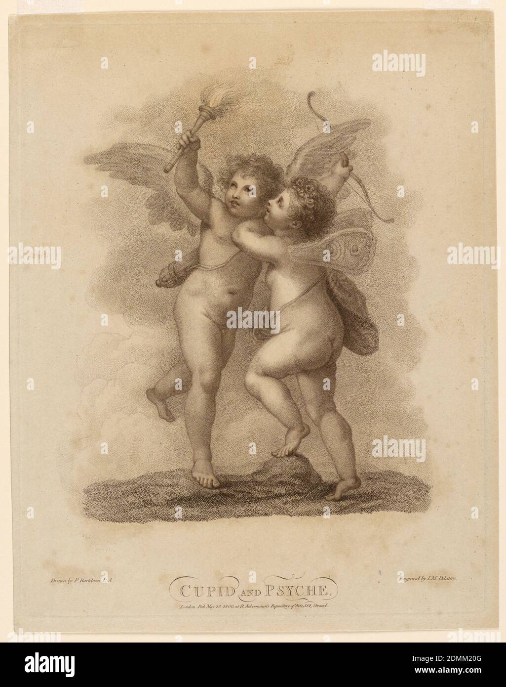 Amor und Psyche, Francesco Bartolozzi, italienisch, aktives England, 1727–1815, Jean Marie Delattre, französisch, aktives England, ca. 1742 - ca. 1840, Ackermann’s, London, England, Gravieren in brauner Tinte auf weißem Papier, Amor, links, hält eine Fackel hoch in seiner rechten Hand, Psyche, mit einem Fuß auf einem Felsen versucht, sie zu erreichen. Amors Bogen ist in seiner anderen Hand., England, 1800, Print Stockfoto