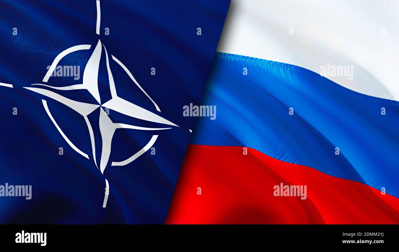 NATO und Russland Flaggen. 3D-Design mit wehenden Fahnen. Russland
