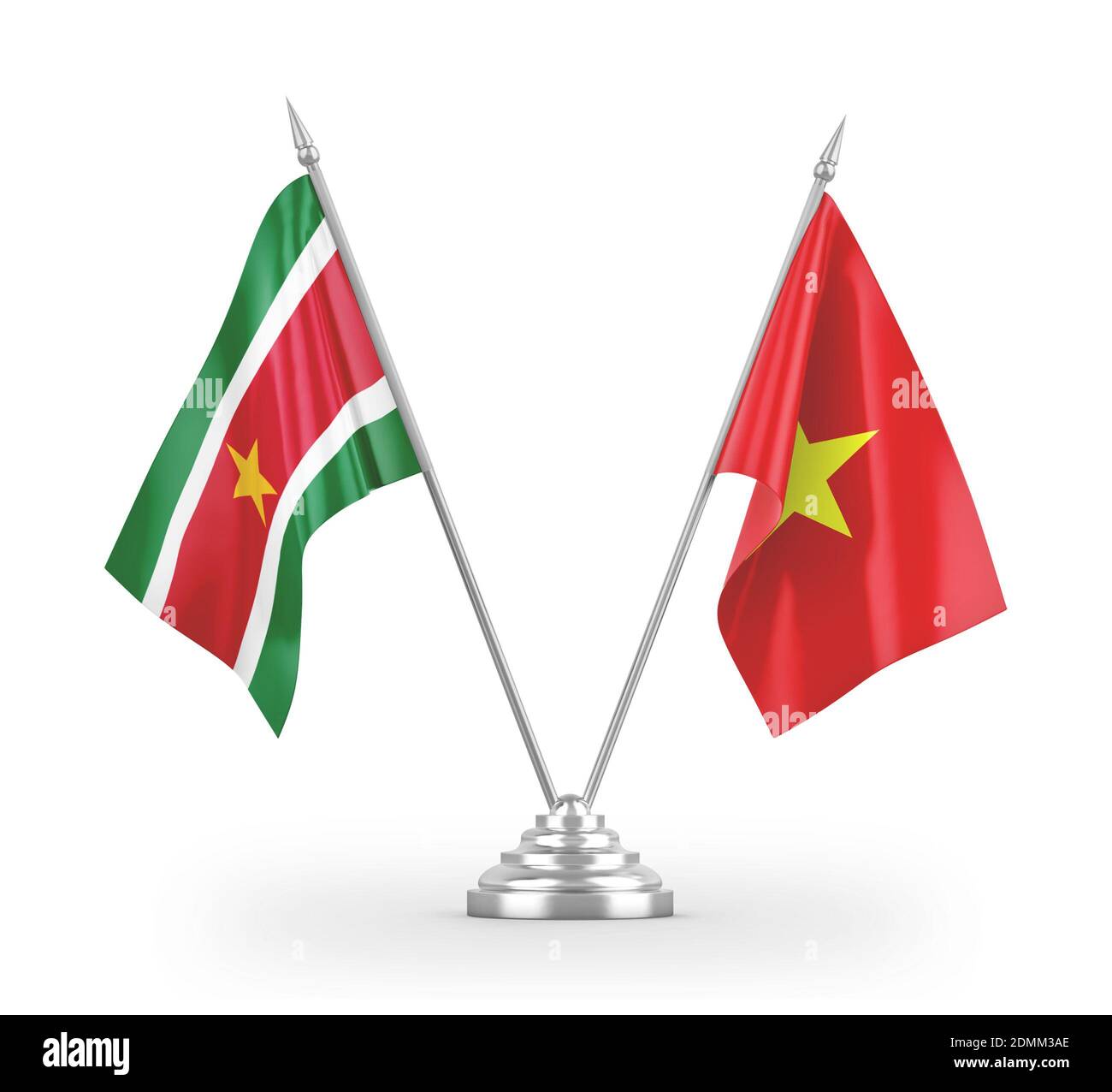 Vietnam und Suriname Tabellenflags isoliert auf weißem 3D-Rendering Stockfoto