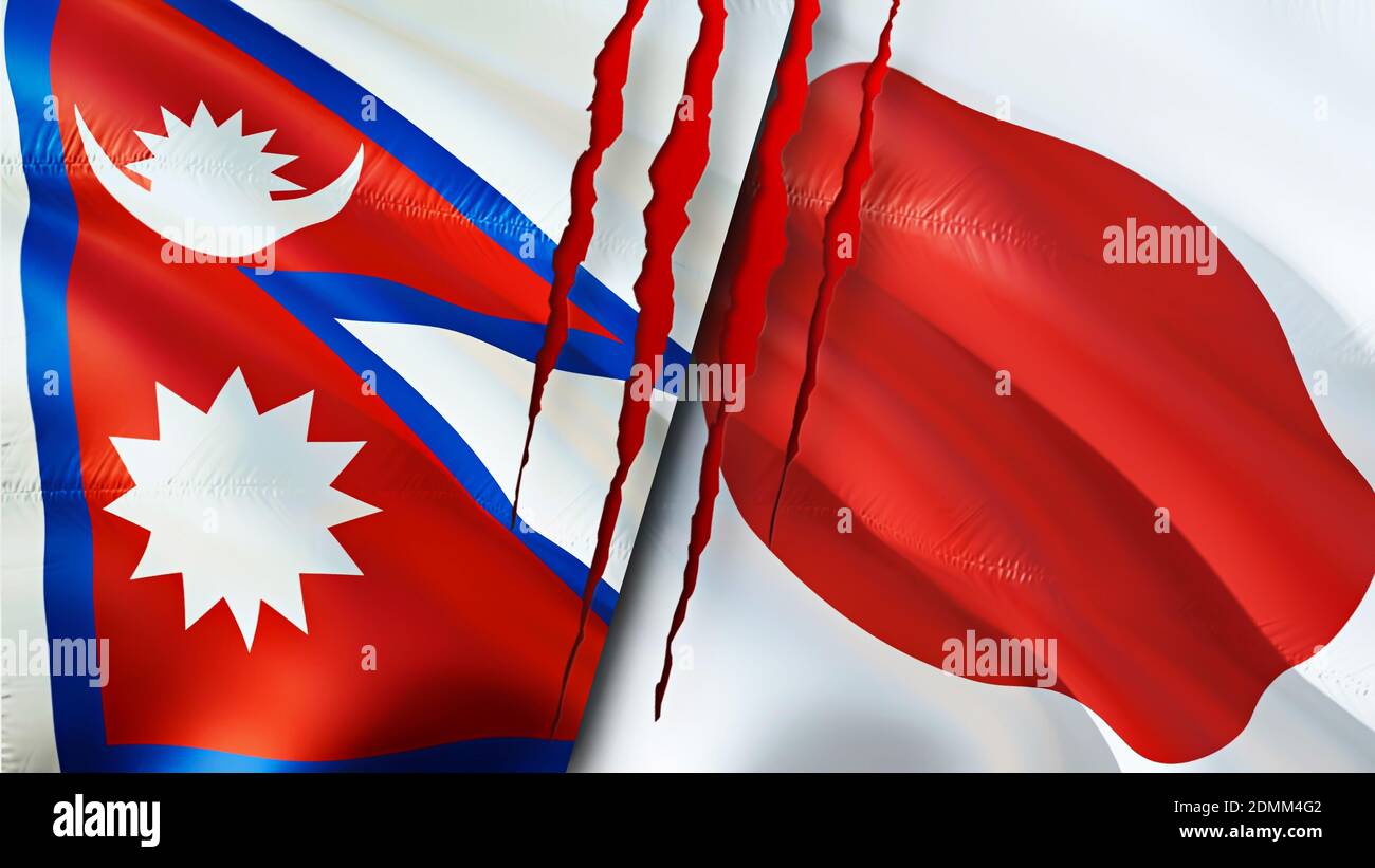 Nepal und Japan Flaggen mit Narbenkonzept. Winkende Flagge, 3D-Rendering. Nepal und Japan Konfliktkonzept. Nepal Japan Beziehungen Konzept. Flagge von Nepal und Stockfoto