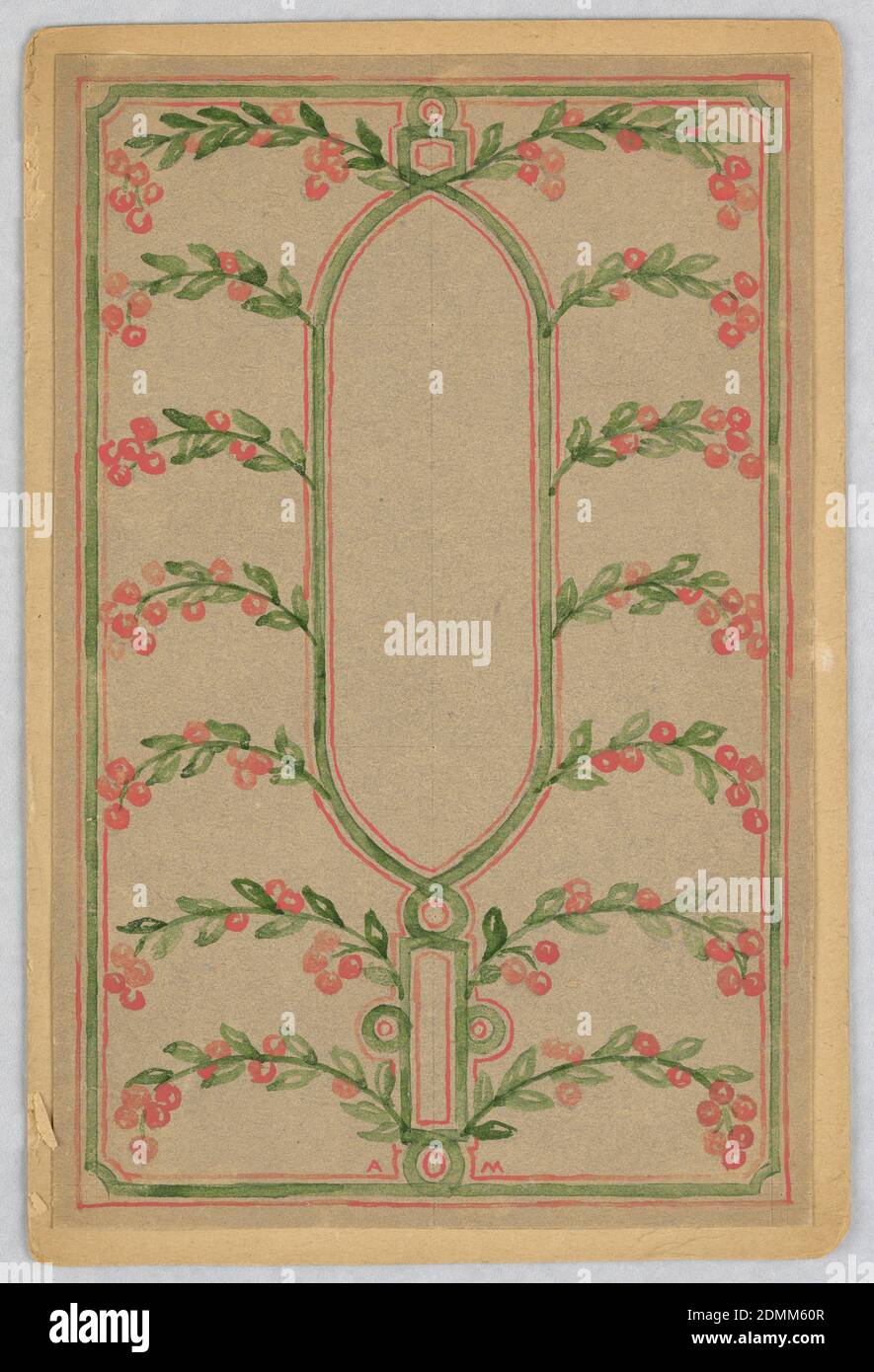 Design for a Book Cover, Alice Cordelia Morse, American, 1863–1961, Pinsel und Gouache auf Papier, auf braunem Boden, senkrechter leerer ovaler Kasten in der Mitte, eingerahmt von grünen und roten Linien; umgeben von Rahmen aus grünen Blättern und leuchtend roten Beeren., USA, ca. 1887–1903, Grafikdesign, Zeichnung Stockfoto