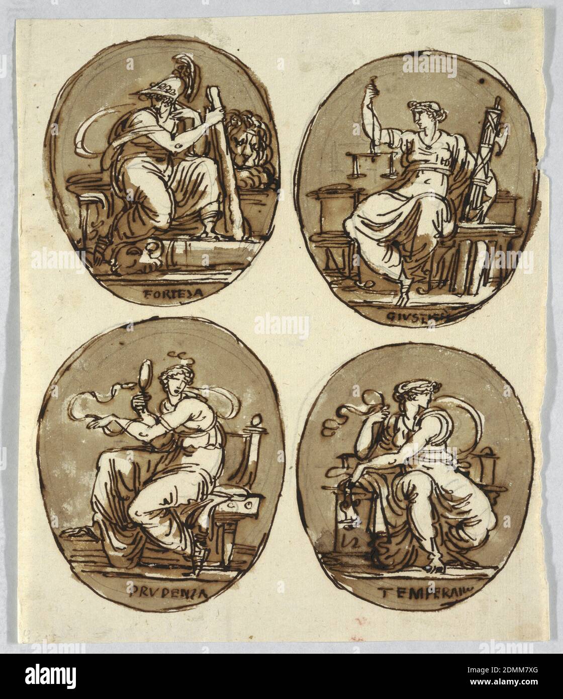 Vier Ovale: Fortitude, Justice, Prudence, Temperance, Felice Giani, Italian, 1758–1823, Pen und braune Tinte, Pinsel und braune Wäsche über Spuren von Graphit auf cremefarbenem Papier, Fortitude: Frau mit Helm und Keule, sitzt auf der Bank. Lion hockt neben ihr. Gerechtigkeit: Dargestellt mit zwei Schuppen und Faszes, sitzend. Vorsicht: Gezeigt mit schauenden Glas und Schlange auf Stuhl sitzend. Vorsicht: Mäßigkeit zeigt sitzende Haltezaum., Italien, 1803, Figuren, Zeichnung Stockfoto