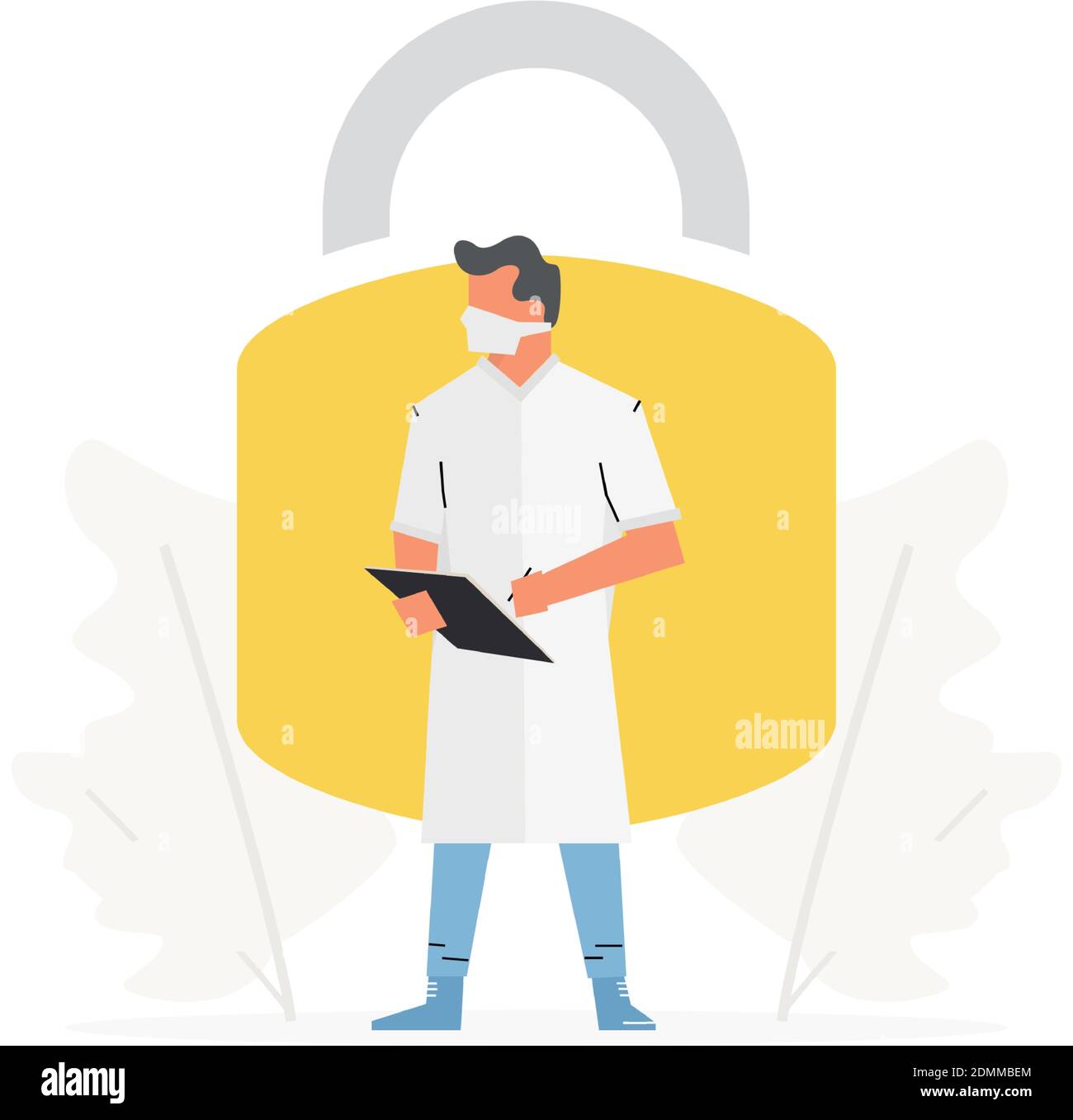 Der Arzt steht vor einem großen Vorhängeschloss. Coronavirus-Sperrung oder Quarantäne, eingeschränkter Zugriff auf das Land. Stock Vektor