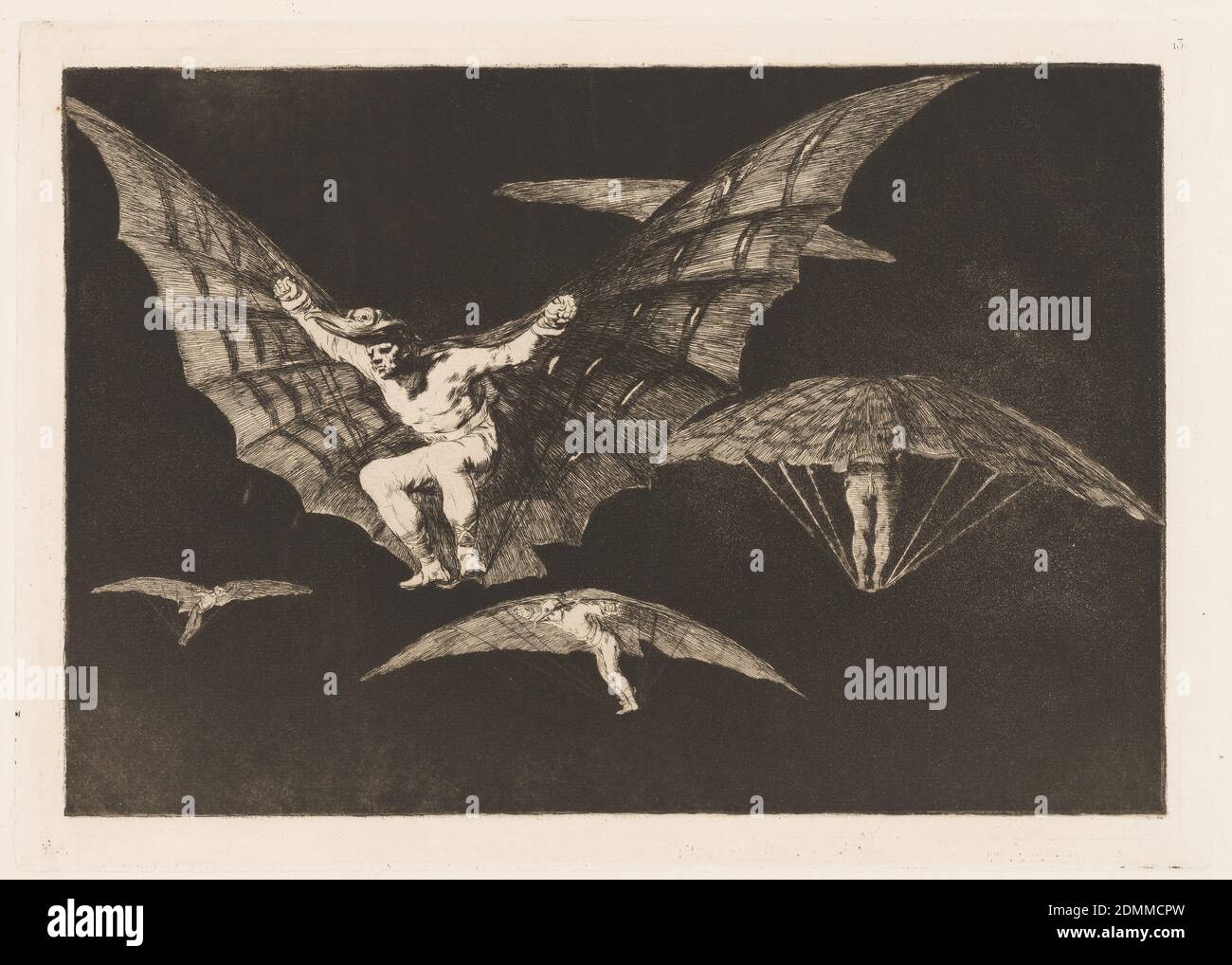 Modo de Volar (A Way of Flying), Platte 13 in Disparates (Sprichwörter), Francisco de Goya y Lucientes, Spanisch, 1746 - 1828, Aquatint und Radierung auf weißem Wove-Papier, Mehrfachansichten eines Mannes, der an einem geflügelten Fluggerät mit dem Kopf eines Vogels befestigt ist. Jede Ansicht zeigt den Benutzer und das Gerät aus einem anderen Winkel und der Art der Flugbewegung., Spanien, 1865–66, Modelle und Prototypen, Print Stockfoto