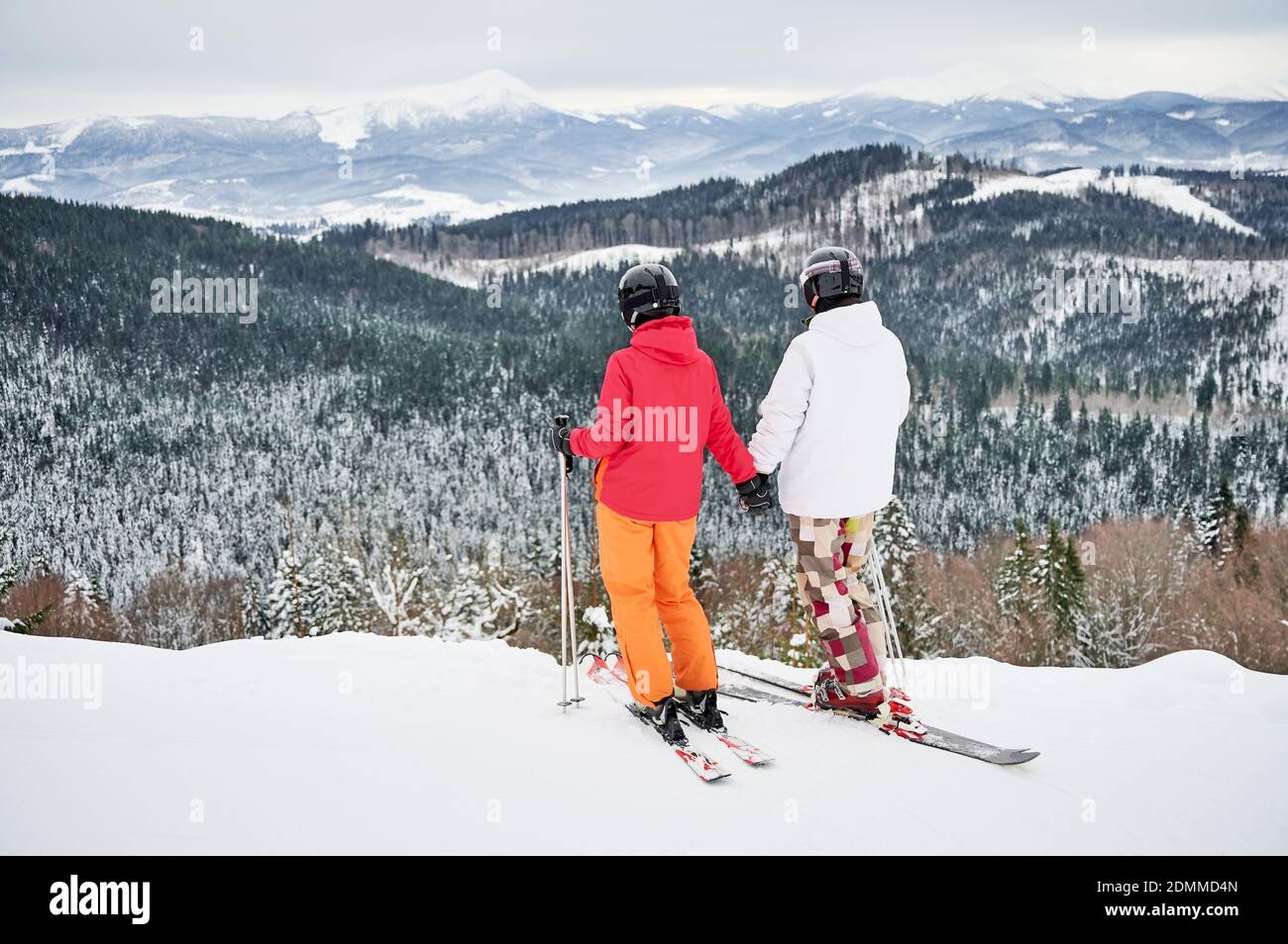 Rückansicht von zwei Skifahrern in Skianzügen und Skiausrüstung in den Winterbergen, bei schneebedecktem Wetter, Skifahren und unglaublichen Landschaften. Konzept der Wintersport-Aktivitäten, Beziehungen. Stockfoto