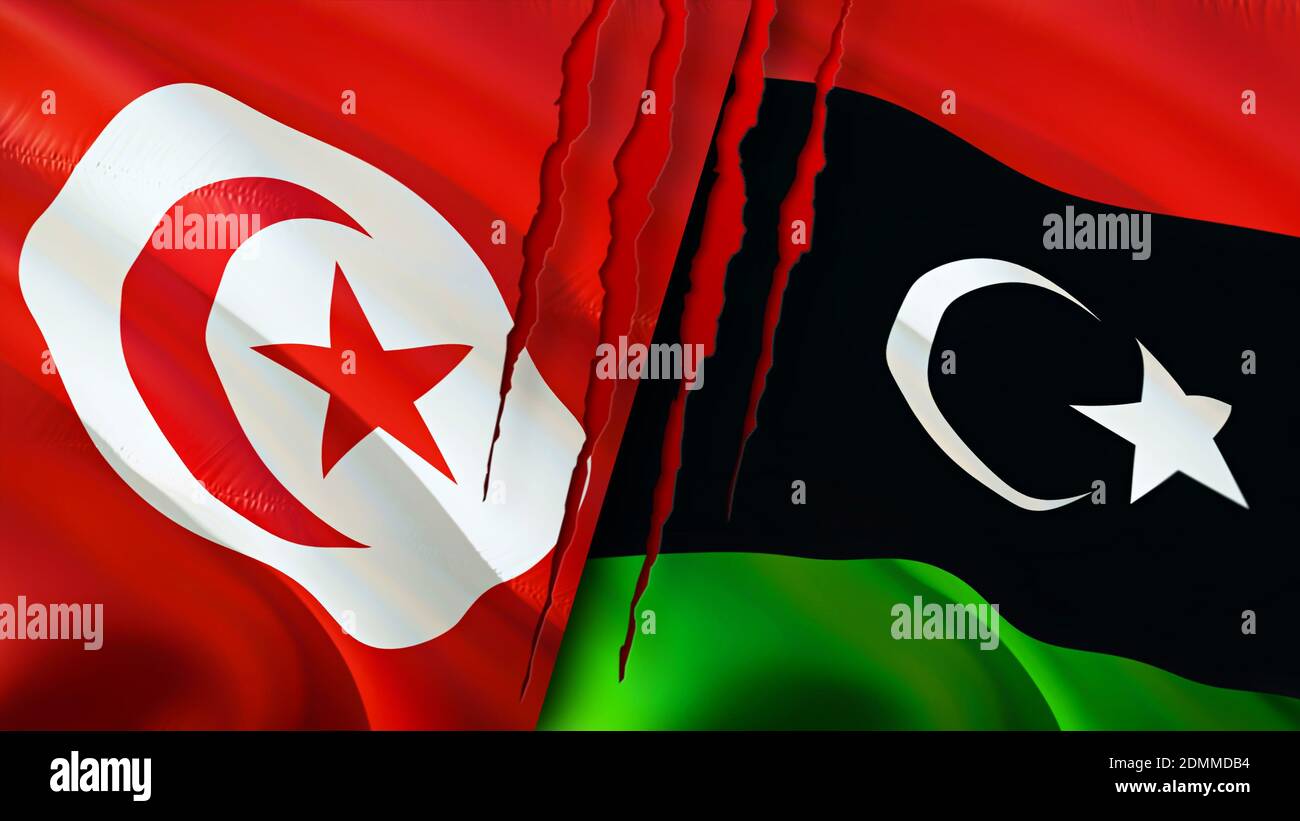 Tunesien und Libyen Flaggen mit Narbenkonzept. Winkende Flagge, 3D-Rendering. Tunesien und Libyen Konfliktkonzept. Tunesien Libyen Beziehungen Konzept. Flagge von Tuni Stockfoto