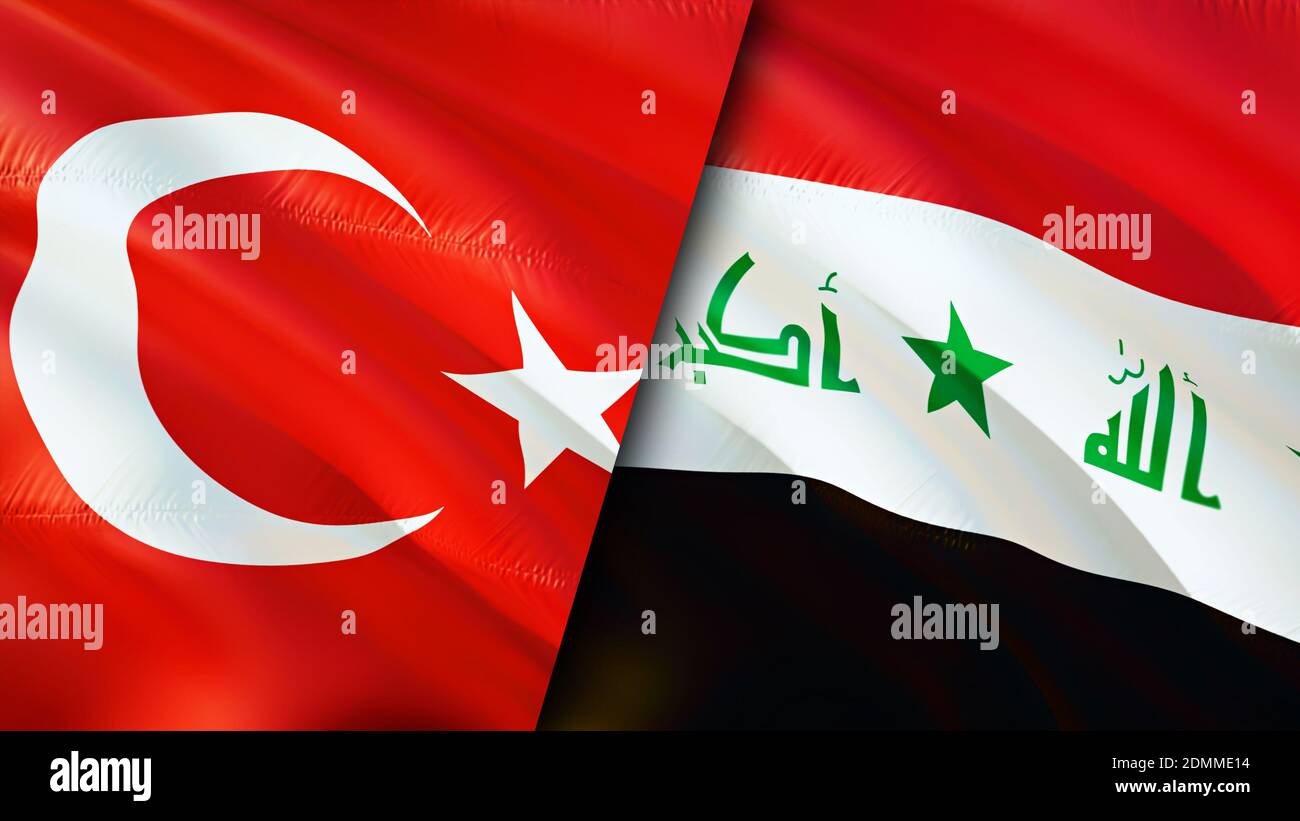 Flagge der Türkei und des Irak. 3D-Design mit wehenden Fahnen. Türkei Irak Flagge, Bild, Tapete. Türkei vs Irak Bild, 3D Rendering. Türkei Irak Beziehungen Allianz Stockfoto