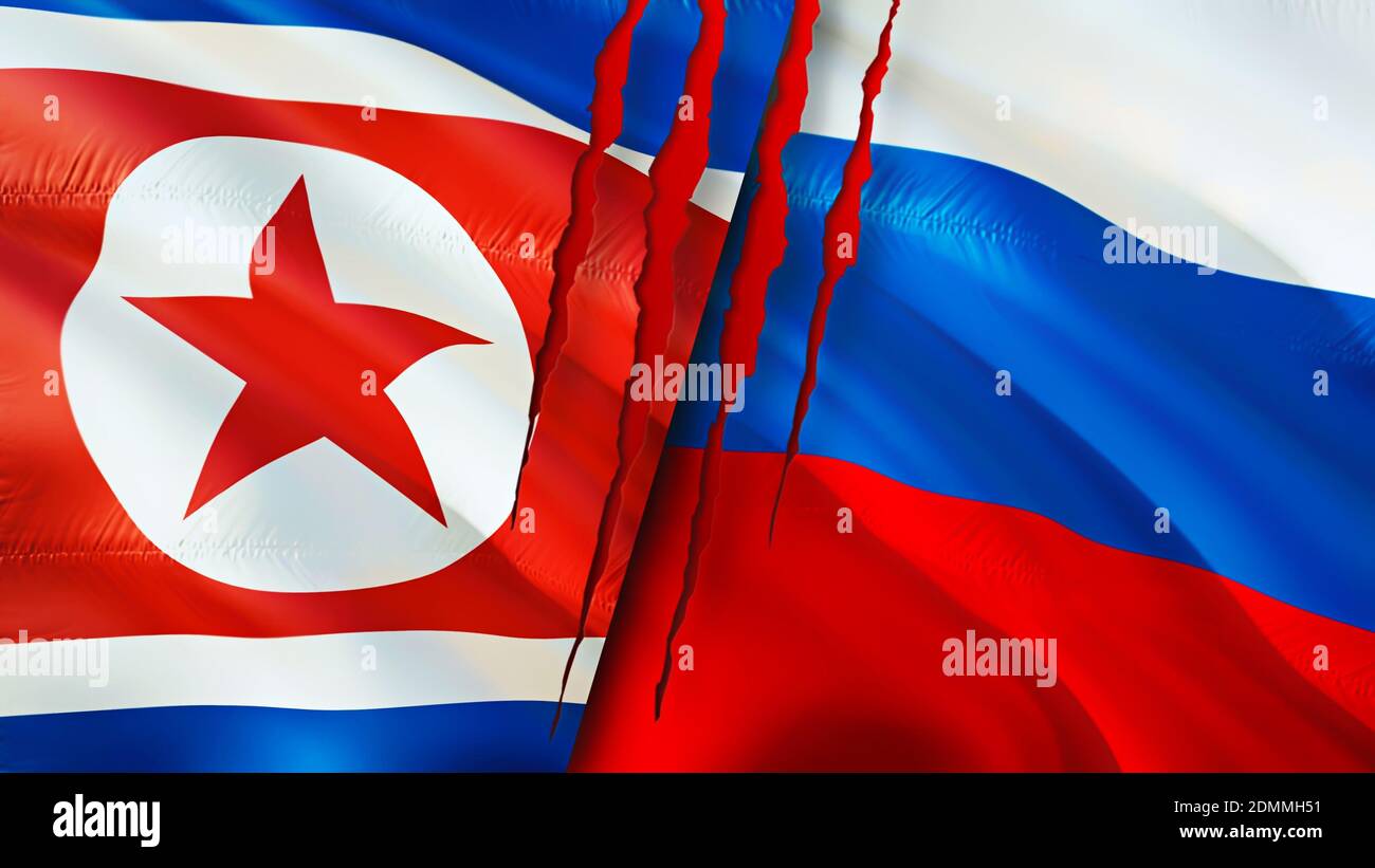 Nordkoreas und Russlands Flaggen mit Narbenkonzept. Winkende Flagge, 3D-Rendering. Nordkorea und 