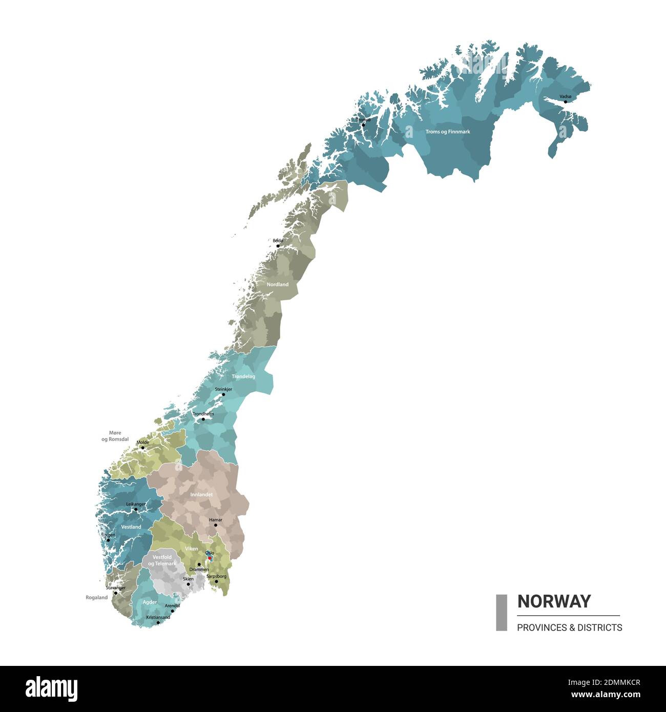 Norwegen hat detaillierte Karte mit Unterteilungen. Verwaltungskarte von Norwegen mit Bezirken und Stadtnamen, farbig nach Bundesstaaten und Verwaltungsbezirk Stock Vektor