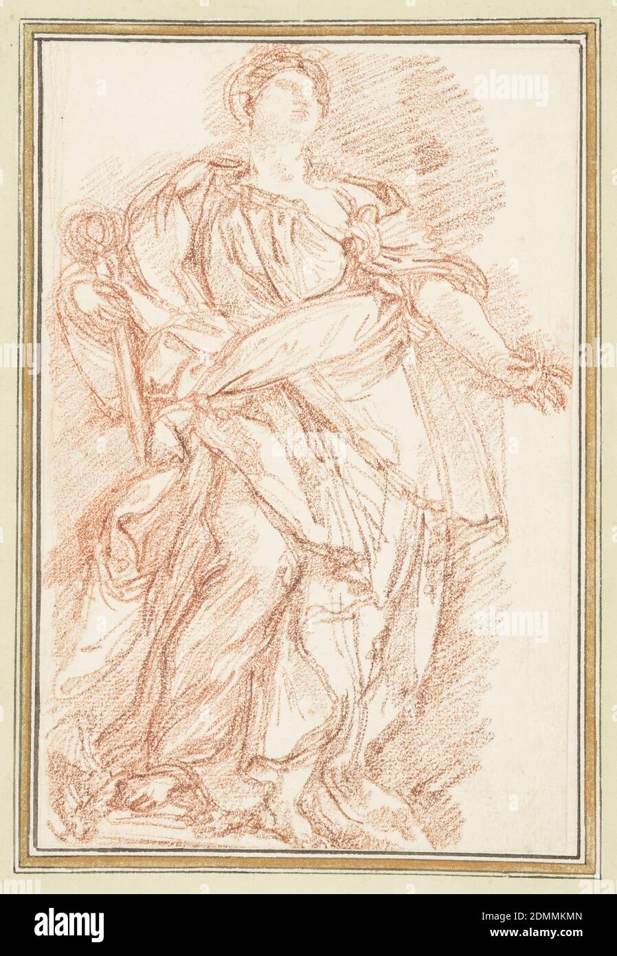 Hoffnung aus der Loggia von St. Peter, Giuseppe Lironi, Jean-Robert Ango, Französisch, aktiv in Rom 1759 –1770, d. 1773, Rote Kreide auf Papier, Zeichnung nach Statue von Giuseppe Lironi der Hoffnung, in der Loggia bei St. Peter. Die Statue ist von einer stehenden Figur in langen, fließenden Gewändern, die ein Zepter in der rechten Hand und ein kleines Objekt in der rechten Hand hält. Der Körper ist nach links abgewinkelt, einschließlich des rechten Knies, das in diese Richtung gebogen ist., Frankreich, ca. 1759–70, Figuren, Zeichnung Stockfoto