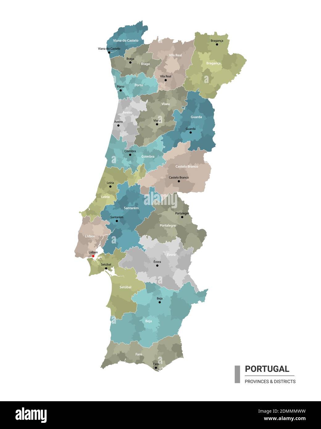 Portugal hat detaillierte Karte mit Unterteilungen. Verwaltungskarte von Portugal mit Bezirken und Städten Namen, farbig nach Bundesstaaten und administrative dist Stock Vektor