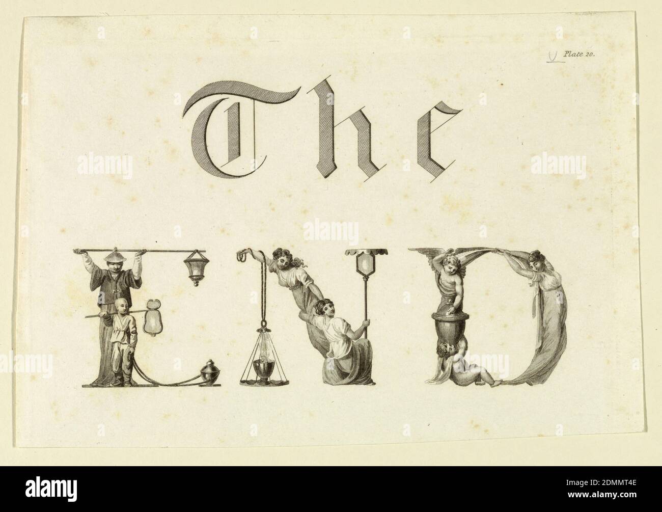Das Ende, Platte 20, aus einer unbekannten Publikation, Gravur auf cremefarbenen Papierlappentheftpapier, Europa, 18. Jahrhundert, Ephemera, Print Stockfoto