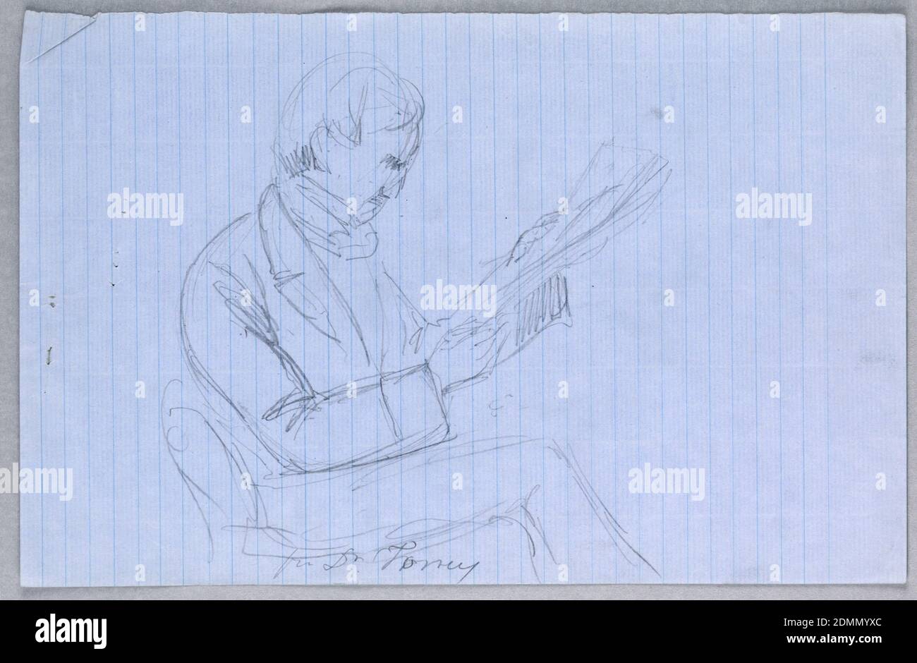 Studie für 'Scientific Group', Daniel Huntington, Amerikaner, 1816–1906, Graphit auf liniertem blauem Papier, Mann im rechten Profil sitzend, Papier lesend. Seine Füße nicht abgebildet., London, Großbritannien, USA, 1858, Figuren, Zeichnung Stockfoto