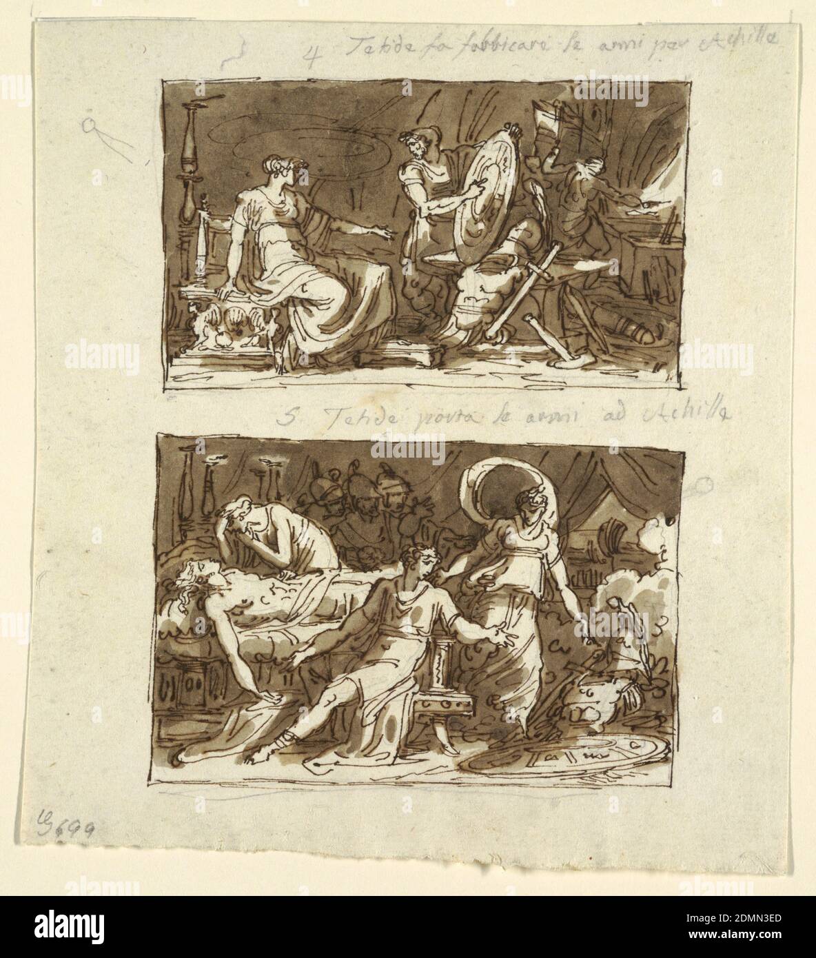Thetis in der Werkstatt des Hephaestus; Thetis zeigt Achilles die Rüstung: Zwei Entwürfe für Deckenplatten in der Galeria d'Iliade, Palazzo Milzetti, Faenza, Felice Giani, Italienisch, 1758–1823, Feder und braune Tinte, Pinsel und grau-braune Waschung über Graphit auf weißem Papier, in der oberen Zeichnung, Vulcan zeigt Schild für Achilles bis Thetis gemacht. In der unteren Zeichnung zeigt Thetis Achilles, der in seinem Zelt neben dem toten Patroklus sitzt, eine Rüstung. Mädchen trauert; Krieger beobachten von hinten., Faenza, Italien, Italien, 1802–05, Innenräume, Zeichnung Stockfoto