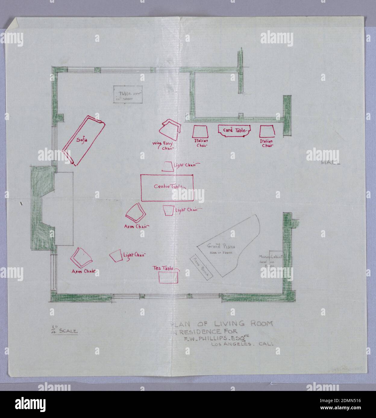 Plan des Wohnzimmers in der Residenz für F. W. Phillips, Esqre, A. N. Davenport Co., Stift und rote Tinte, grüner Farbstift, Graphit auf dünnem cremefarbenen Papier, 1900–05, Möbel, Zeichnung Stockfoto