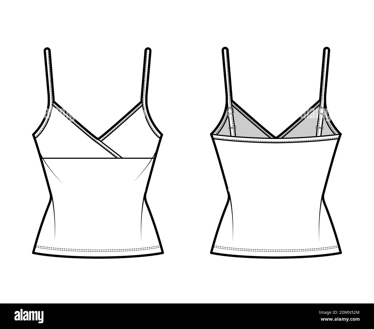 Camisole Surplice Tank Baumwoll-Jersey Top technische Mode-Illustration mit Empire-Naht, dünnen verstellbaren Trägern, Slim Fit. Flach außen Schablone vorne, hinten, weiß. Frauen Männer CAD Mockup Stock Vektor