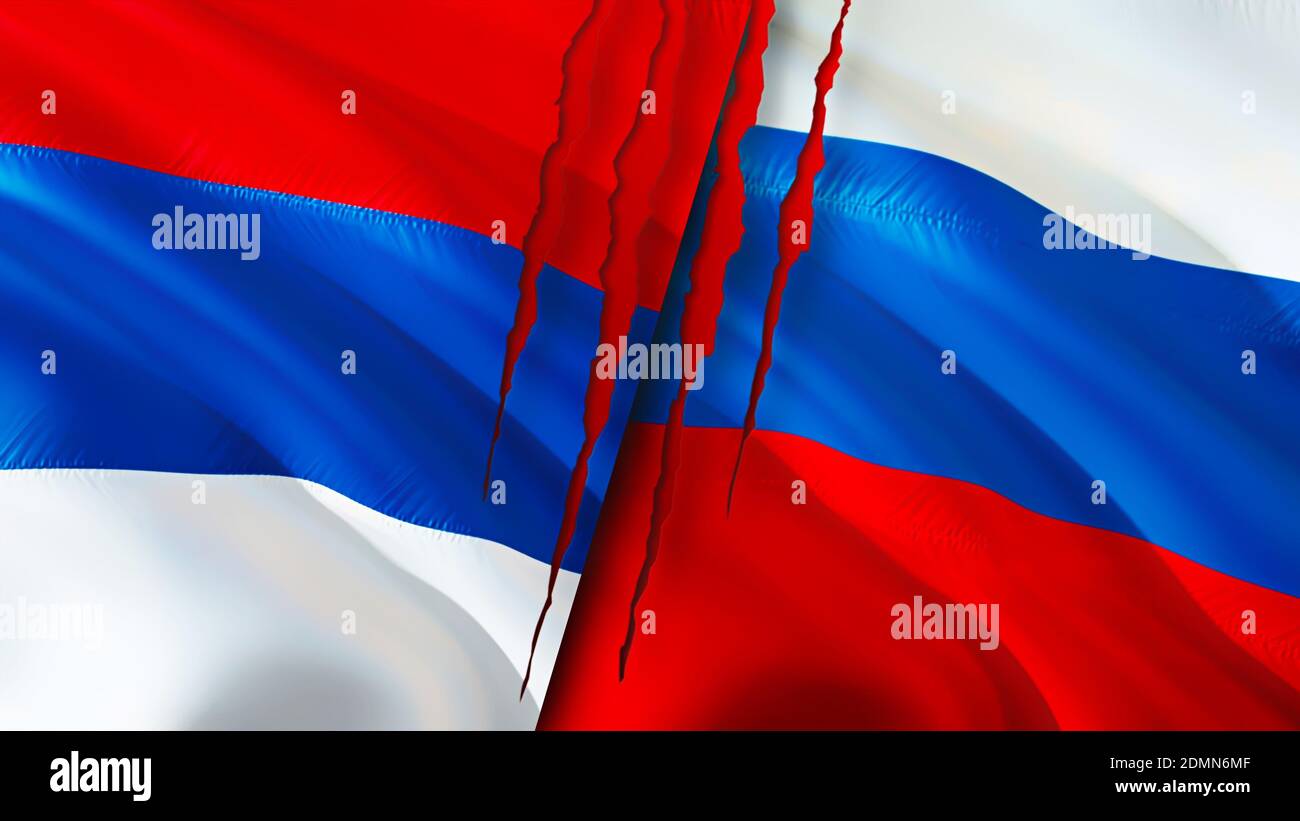 Serbien und Russland Flaggen. 3D-Design mit wehenden Fahnen