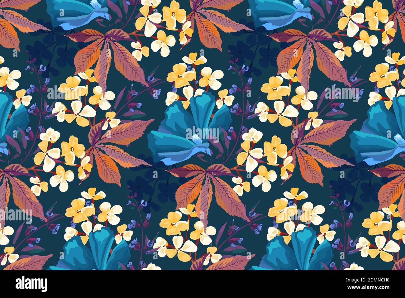 Vektor florale Nahtloses Muster. Gelbe, blaue Blüten. Stock Vektor