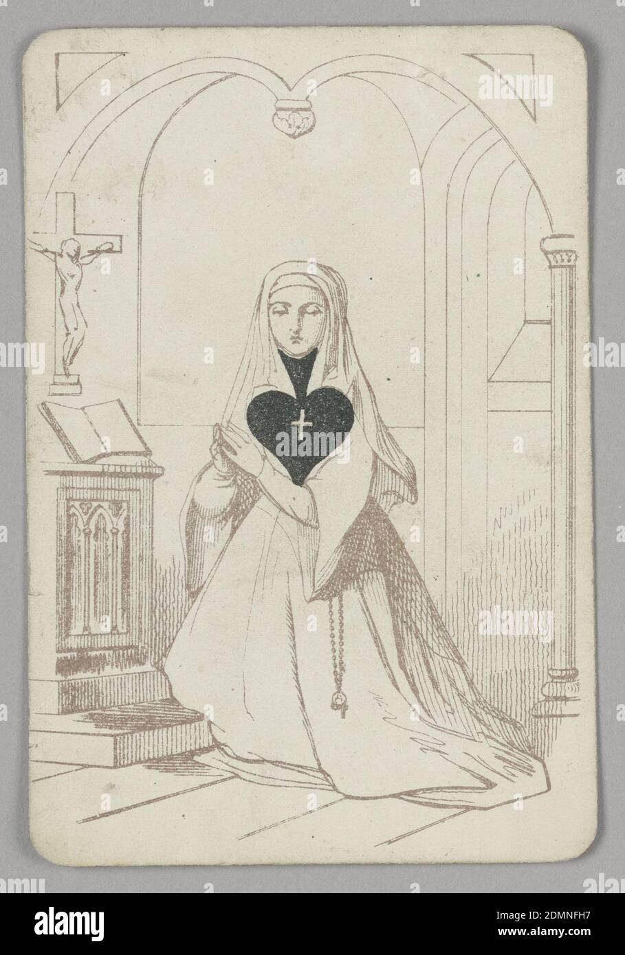 Ace of Spades, E. Le Tellier, Französisch, aktiv Ende des 19. Jahrhunderts, B.P. Grimaud, Paris, Frankreich, Lithograph auf Papier, einer der Pik-Spielkarten aus einem Satz von Transformations-Spielkarten. Weibliche Figur in Umriss in einer Kirche Innenraum dargestellt, trägt eine Nonne Gewohnheit mit einem Rosenkranz hängend von ihrer Taille. Sie kniet und umschließt ihre Hände im Gebet, ihre Augen fallen; ein offenes Buch und Kruzifix links. Das schwarze Spaten-Symbol ist auf dem Kopf dargestellt und besetzt den Raum ihres Halses und der Brust. In ihm ein kleines weißes Kreuz., Paris, Frankreich, Ende des 19. Jahrhunderts, Spielzeug & Spiele, Spielkarte Stockfoto
