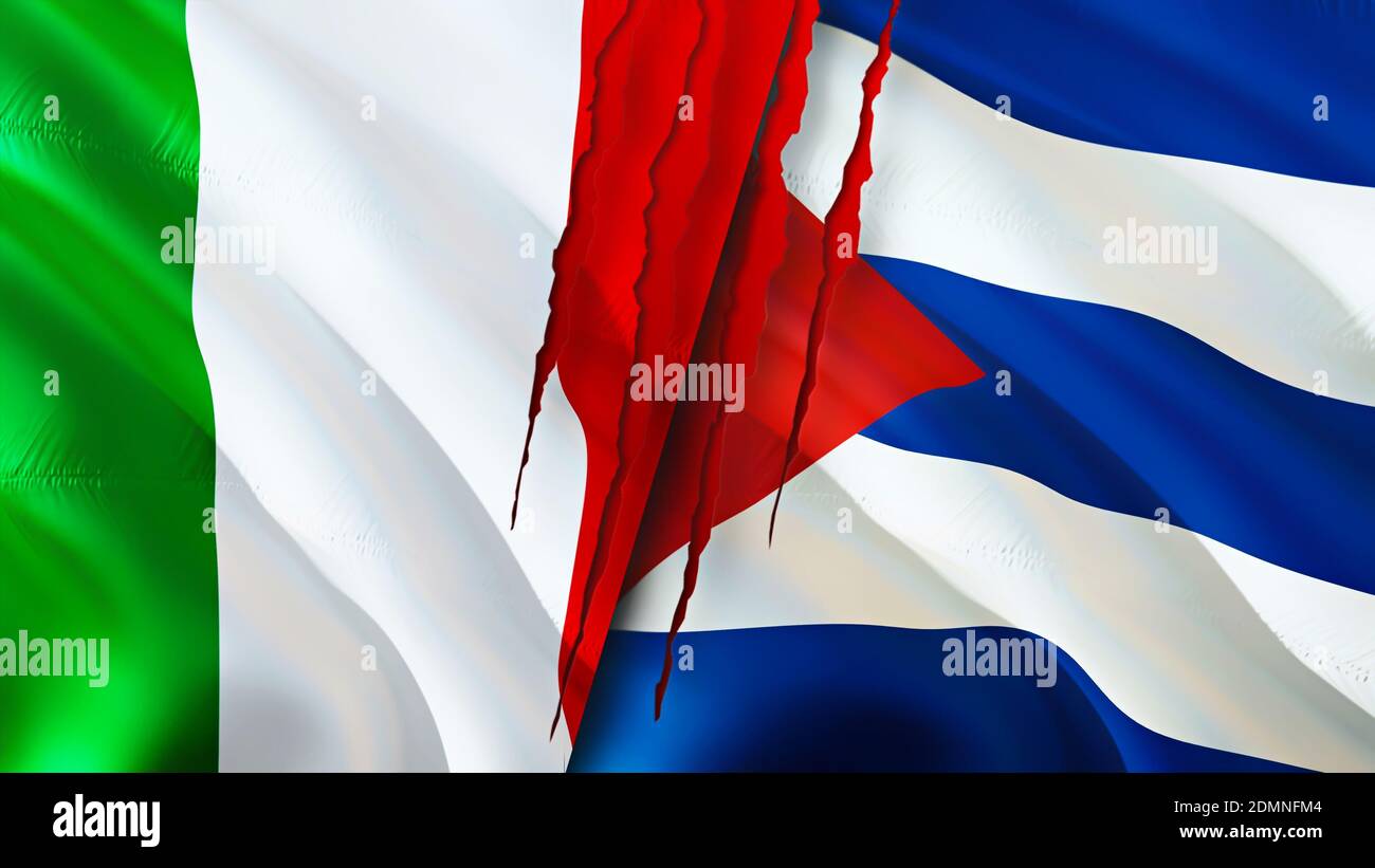 Italien und Kuba Flaggen mit Narbenkonzept. Winkende Flagge, 3D-Rendering. Italien und Kuba Konfliktkonzept. Italien Kuba Beziehungen Konzept. Flagge von Italien und Cub Stockfoto