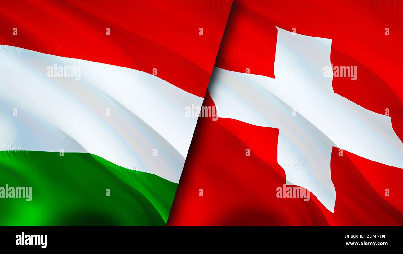 Ungarn und Schweiz Flaggen. 3D-Design mit wehenden Fahnen. Ungarn Schweiz  Flagge, Bild, Tapete. Ungarn vs Schweiz Bild, 3D Rendering. Ungarn  Stockfotografie - Alamy