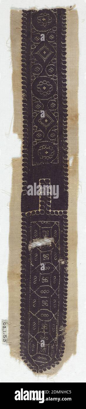 Band, Medium: Kettstoff; S-gesponnene Wäsche. Wefts; Z-gesponnene Wäsche, Z-gesponnene Wolle Woven, Geometrische Designs auf Kreisbasis., Ägypten, 3.–4. Jahrhundert, gewebte Textilien, Band Stockfoto