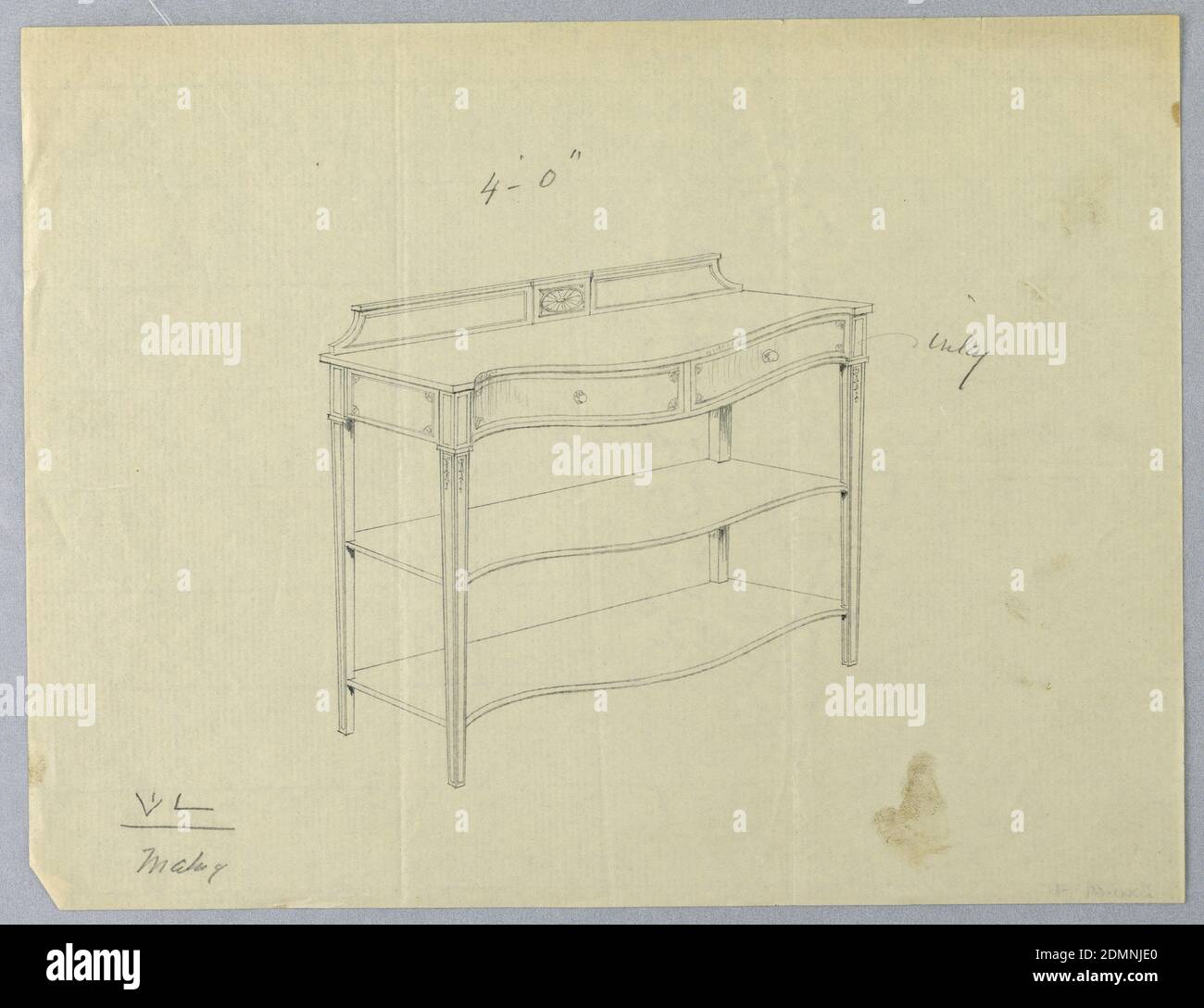 Design für Oblong Serviertisch mit zwei Regalen, A.N. Davenport Co., Graphit auf dünnem cremefarbenem Papier, Oblong-Körper mit Serpentinfront mit zwei Schubladen und angehoben auf 4 geraden, spitz zulaufende Beine; 2 konformen Einlegeböden unten angebracht; Backsplash verziert mit Patera-Medaillon in der Mitte., 1900–05, Möbel, Zeichnung Stockfoto