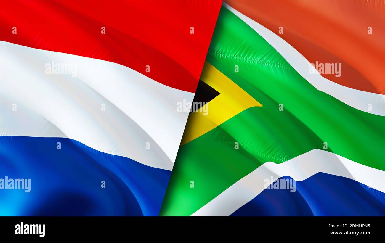 Niederlande und Südafrika Flaggen. 3D-Design mit wehenden Fahnen. Niederlande Südafrika Flagge, Bild, Tapete. Niederlande vs Südafrika Bild, 3D ren Stockfoto