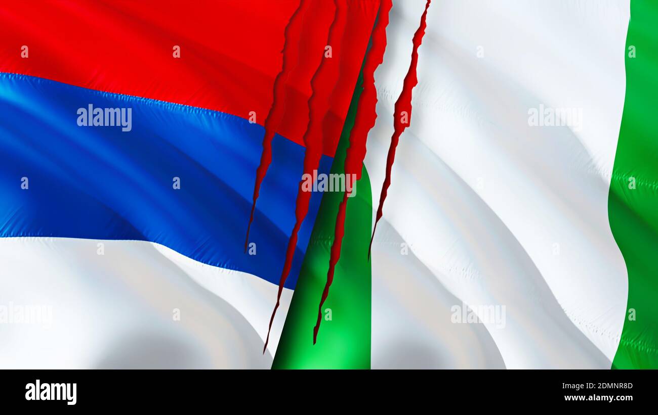Serbien und Nigeria Flaggen mit Narbenkonzept. Winkende Flagge, 3D-Rendering. Serbien und Nigeria Konfliktkonzept. Serbien Nigeria Beziehungen Konzept. Flagge von S Stockfoto