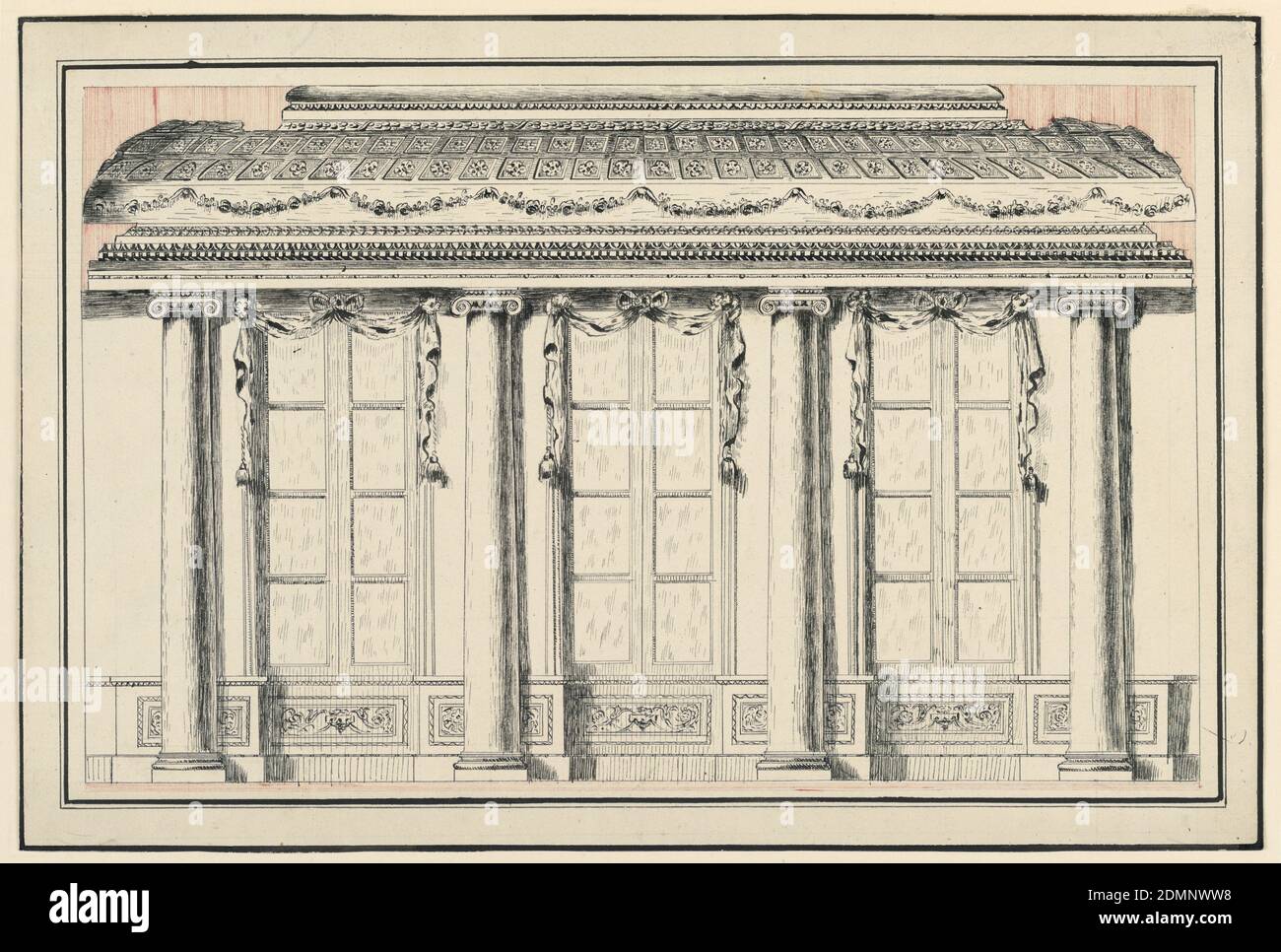 Elevation of a Salon, Stift mit roter und schwarzer Tinte, drei Buchten durch freistehende ikonische Säulen getrennt. Oben, eine Kassettendecke Bucht unten ist eine durchgehende Girlande., Frankreich, ca. 1780–1800, Zeichnung Stockfoto