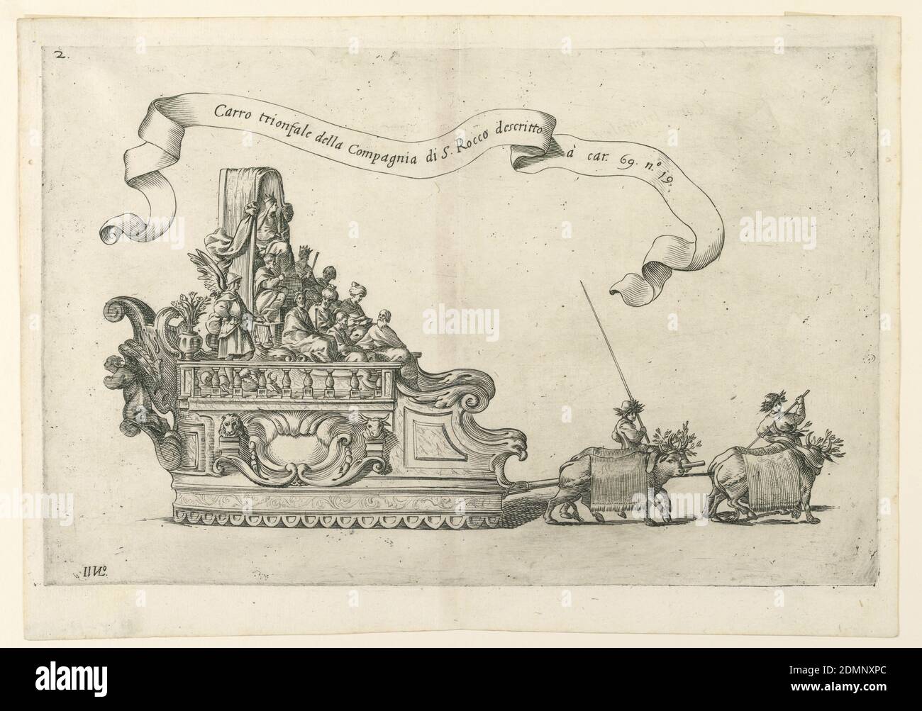 Ein Festwagen in Reggio, Italien: 'Carro trionfale della Compagnia di S. Rocco' (die triumphale Kutsche der Gesellschaft von St. Roch). Tafel 2b von A. Isacchi, 'Relatione di Alfonso Isachi intorno l'origine, solennità, traslatione, et miracoli della Madonna di Reggio [...]', herausgegeben von Flaminio Bartoli, Reggio., Giovanni Luigi Valesio, italienisch, ca. 1583 - 1633, Gravieren und Radieren auf cremefarbenem Papier, EIN Festwagen: Der Wagen wird von zwei Rindern nach rechts gezogen. Links sitzt eine gekrönte Frau, was wohl Weise und fromme Männer unterschiedlichen Alters darstellt und St. Michael steht Stockfoto